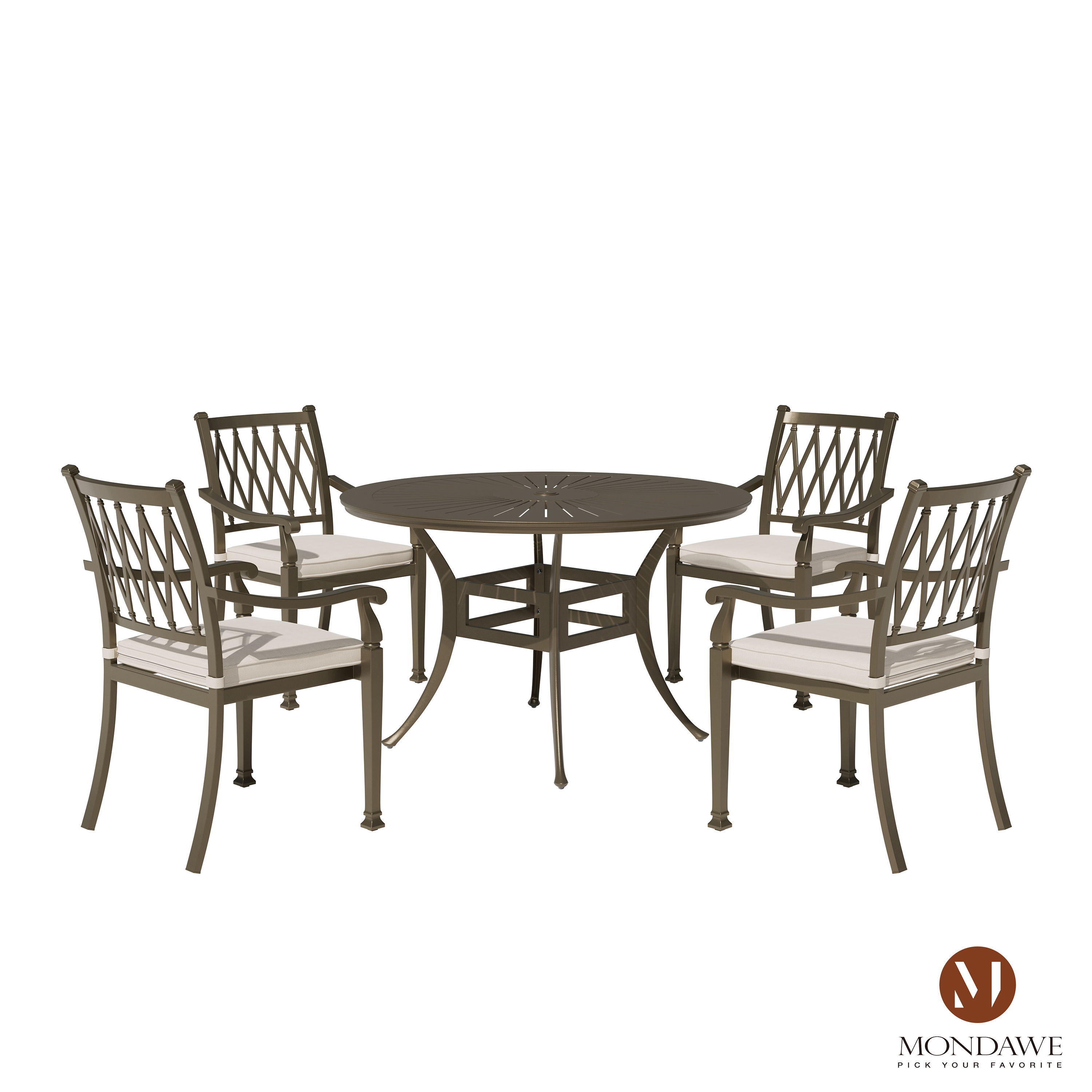 5-Piece Cast Aluminum Patio Dining Table and Chair Set - 4 Upholstered Chairs and 48" Round Table with 2.1" Umbrella Hole
