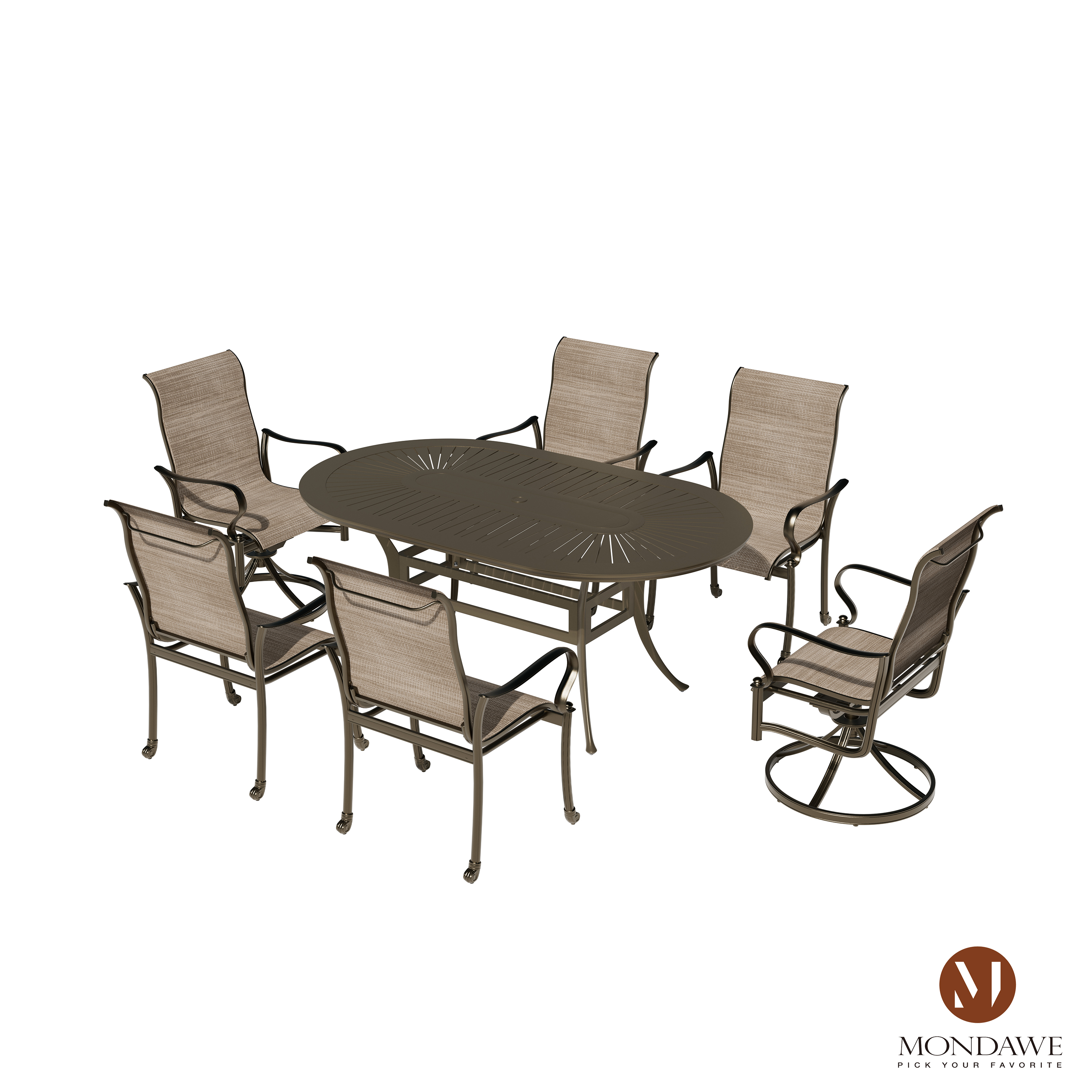 7-Piece Outdoor Patio Dining Set with 4 Swivel Rocking Chairs, 2 Dining Chairs & 72 x 42 Inch Oval Table - Rust-Resistant Cast Aluminum Frames with Cushions & Umbrella Hole