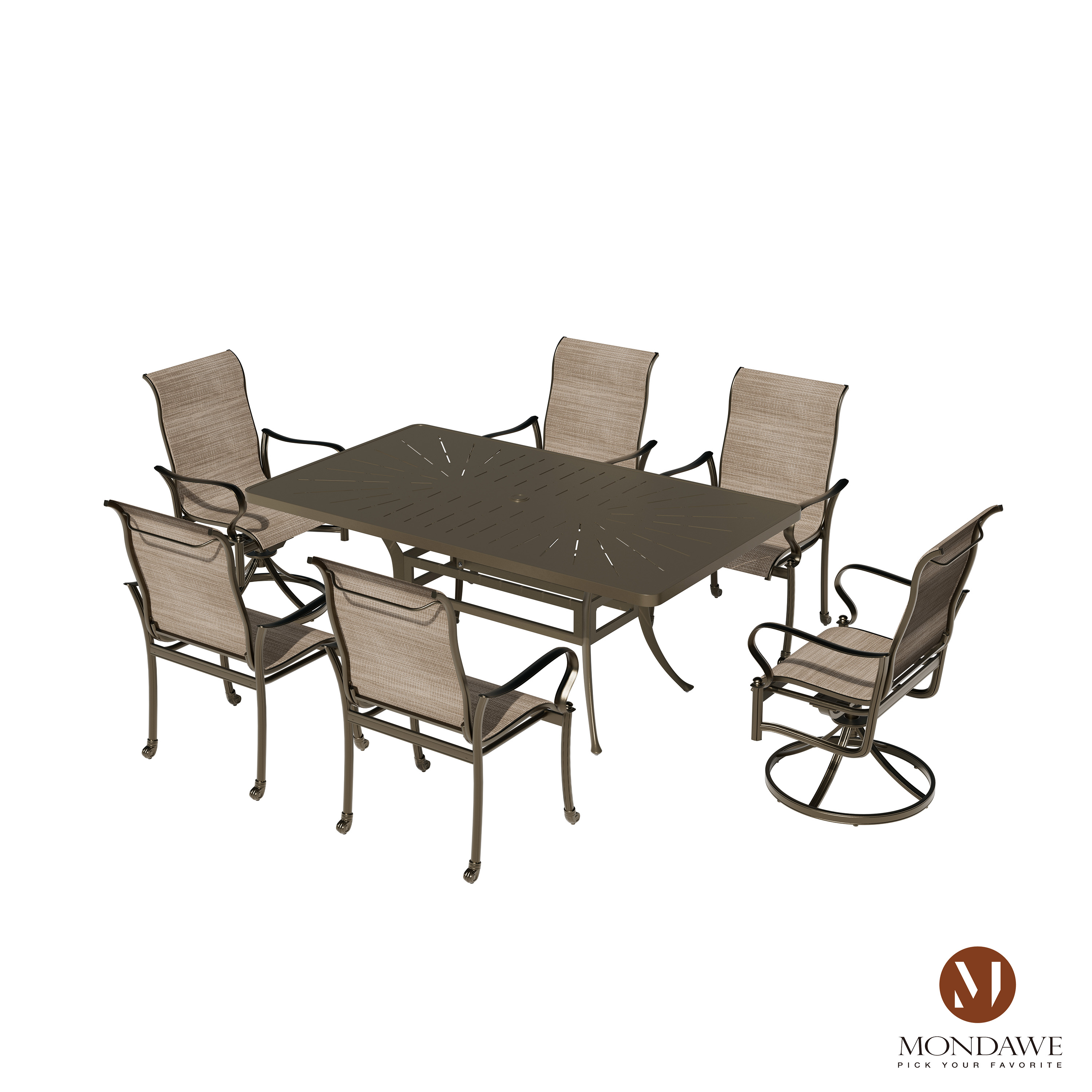 7-Piece Cast Aluminum Patio Dining Set – 4 Swivel Rocking Chairs, 2 Dining Chairs with Cushions & 72"x42" Rectangular Table with Umbrella Hole