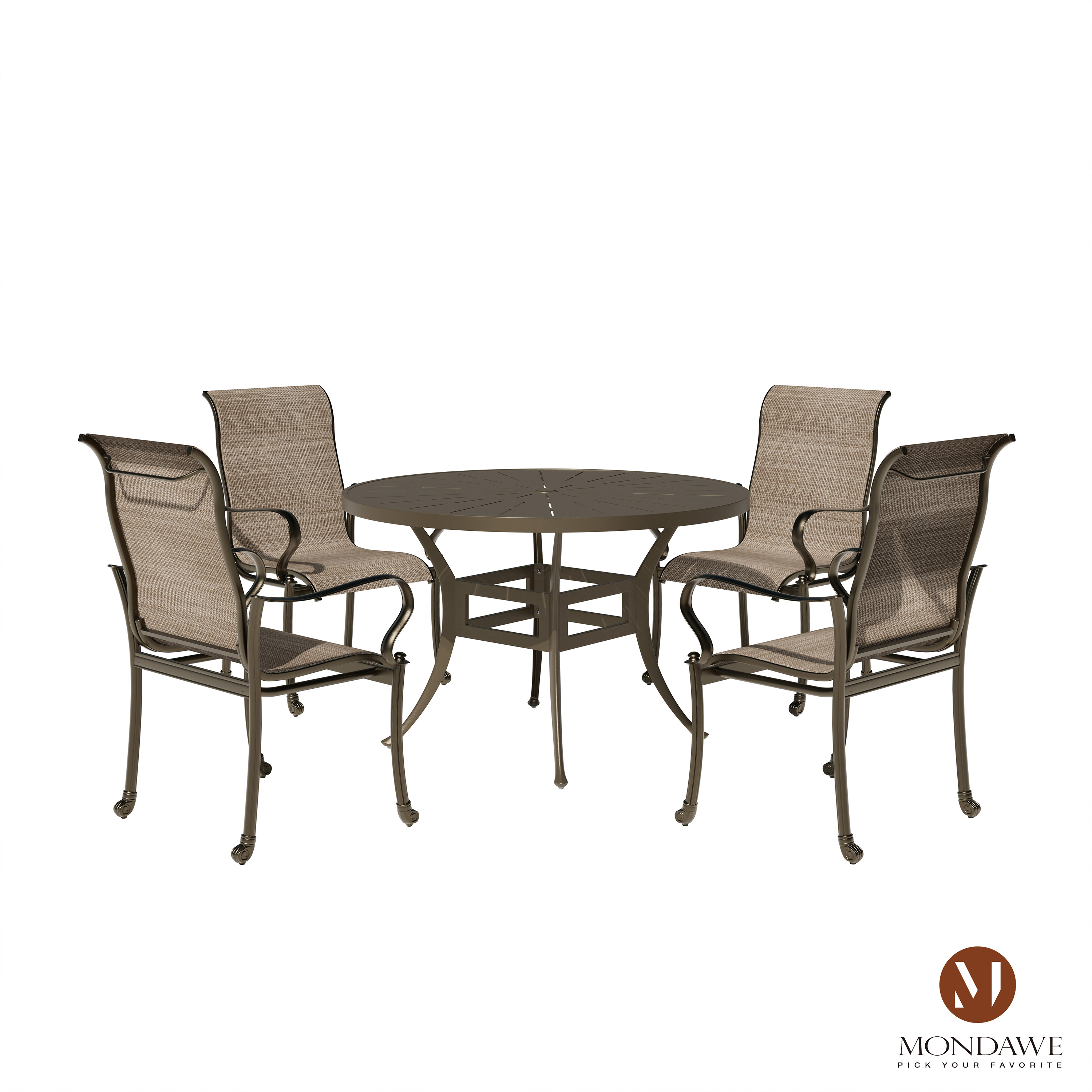 5-Piece Cast Aluminum Patio Dining Set with 4 Textilene Chairs & Cushions + 48-Inch Round Table with Umbrella Hole - Weather-Resistant Outdoor Set"