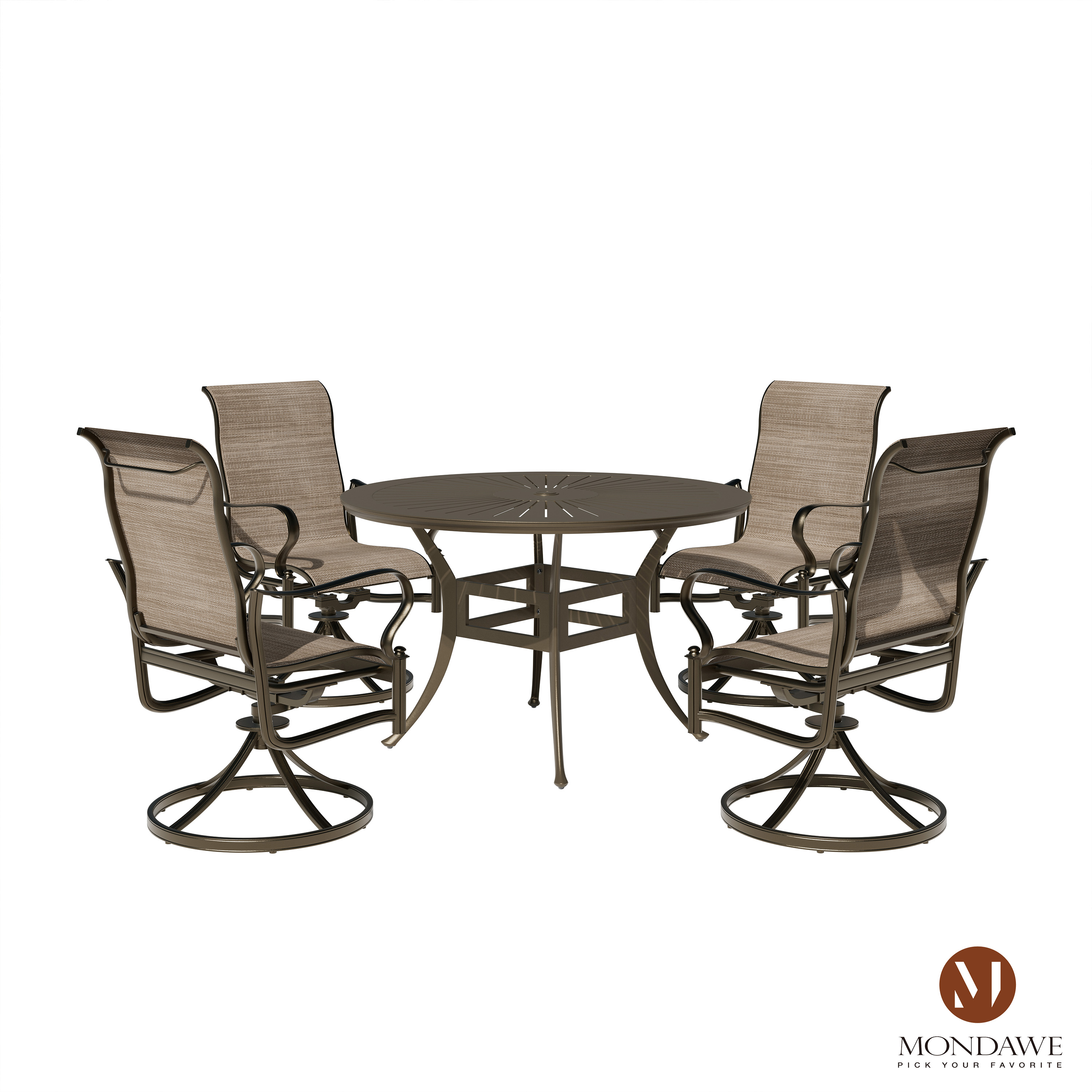 5-Piece Outdoor Patio Dining Set with 4 Textilene Swivel Rocking Chairs & 48-Inch Round Table - Rust-Resistant Cast Aluminum Frames with Cushions & Umbrella Hole