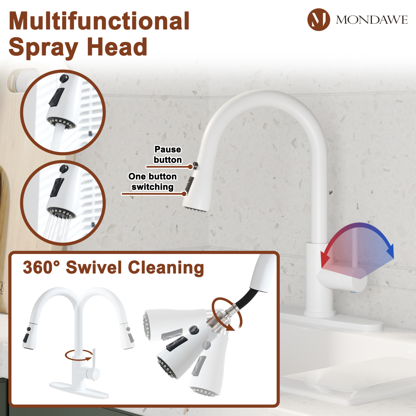 Mondawe White Single Handle Gooseneck Pull-down Kitchen Faucet with Sprayer Function