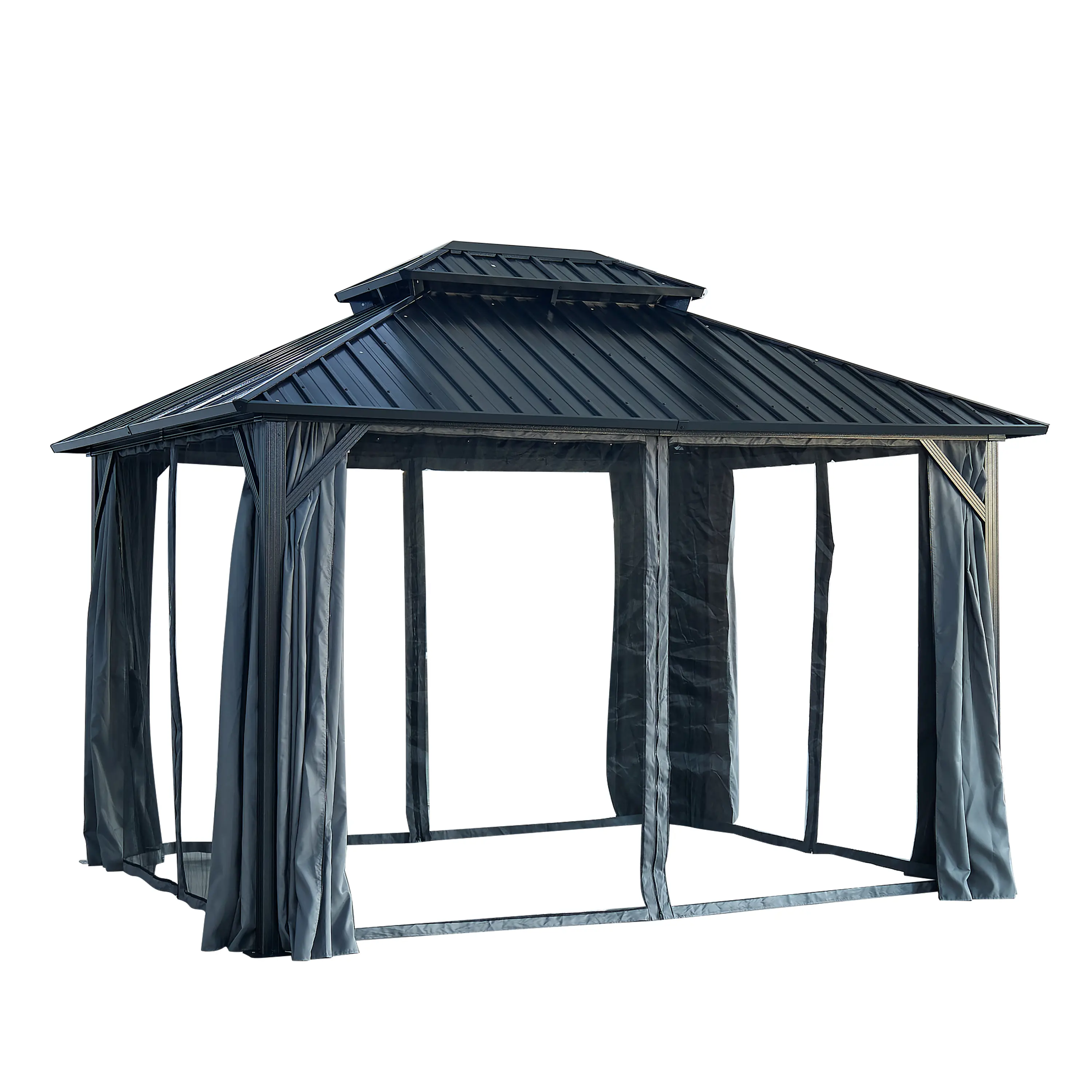 10x12 ft Galvanized Iron Aluminum Frame Double Hardtop Gazebo with Netting and Curtains for Patio
