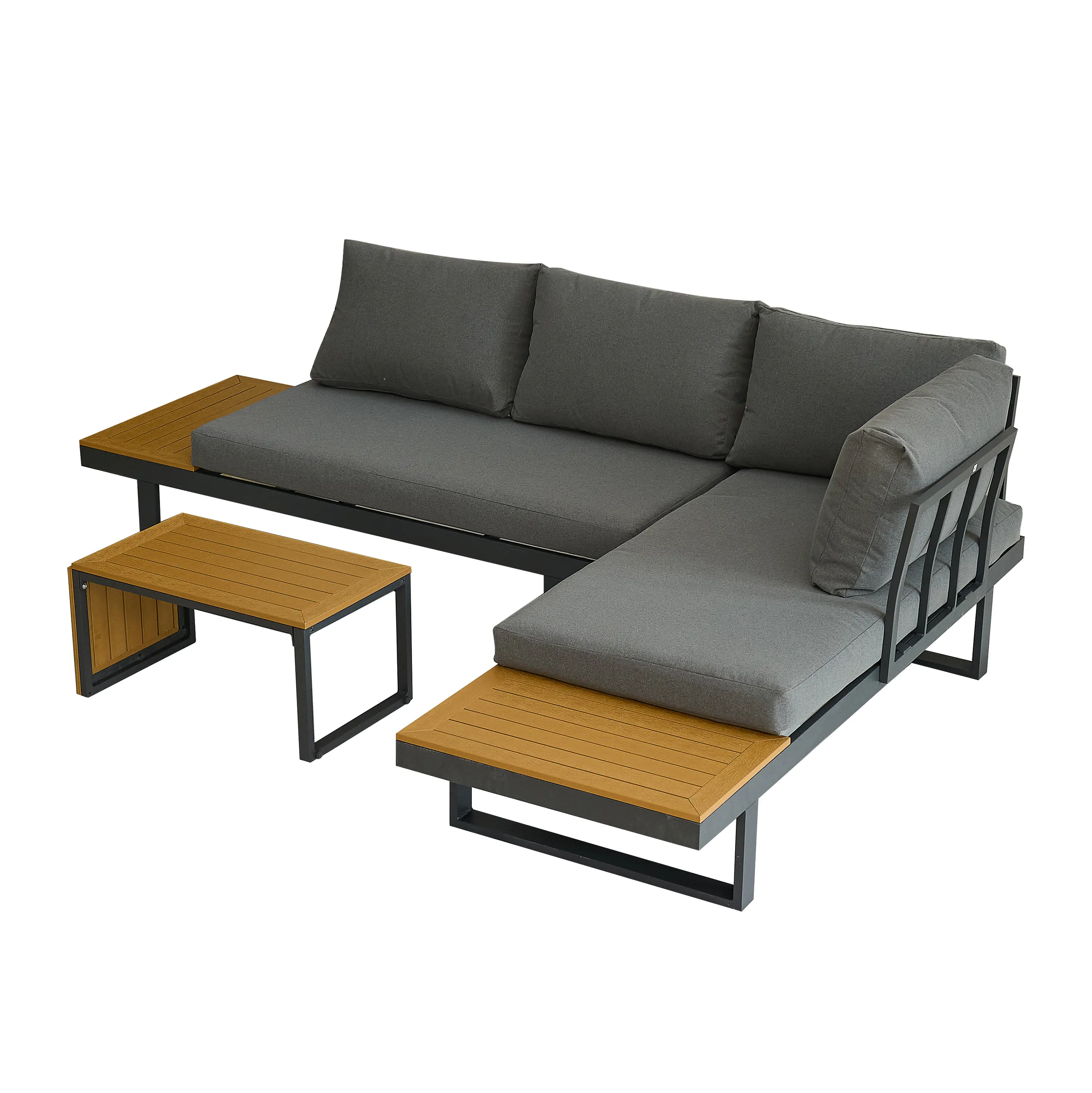Aluminum Patio Furniture Set Outdoor L-Shaped Sectional Sofa with Plastic Wood Side Table and Soft Cushion