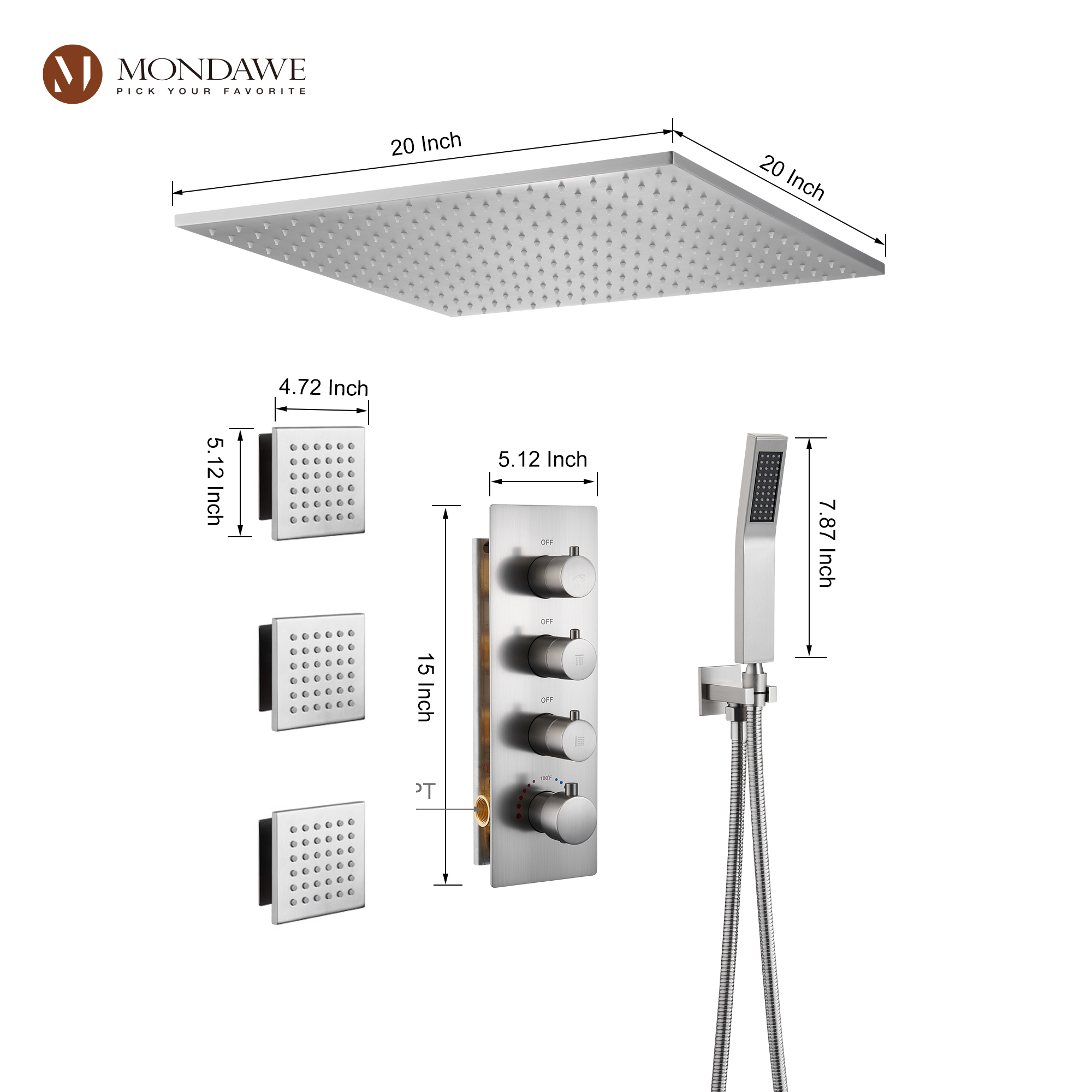 20 Inch Ceiling Mounted Rain Shower Head System Luxury 3-Spray Patterns Thermostatic Shower Faucets Sets Complete with 3-Function Shower Head and Solid Brass Handshower
