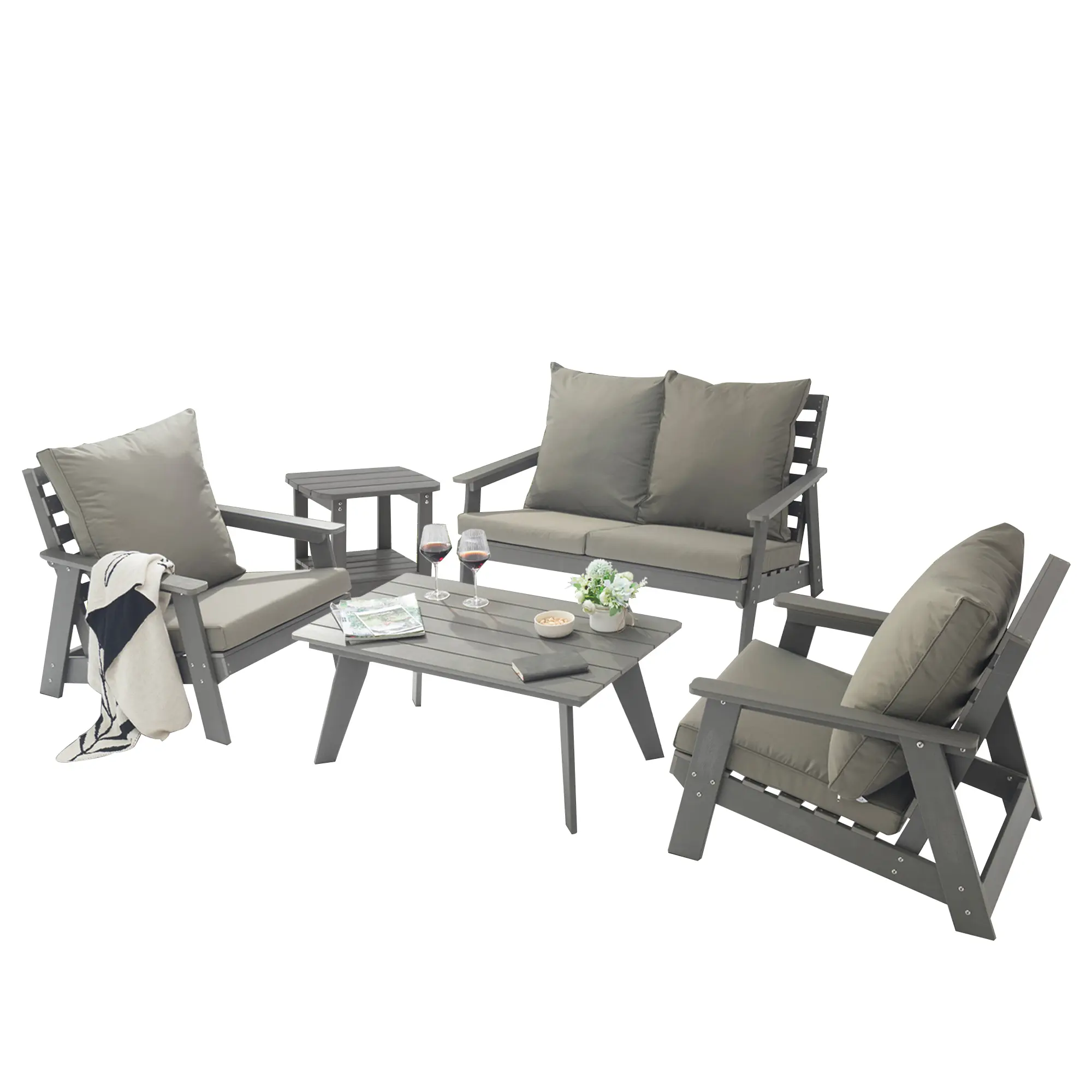 5-Piece Patio Conversation Set with Rectangular Coffee Table and Side Table