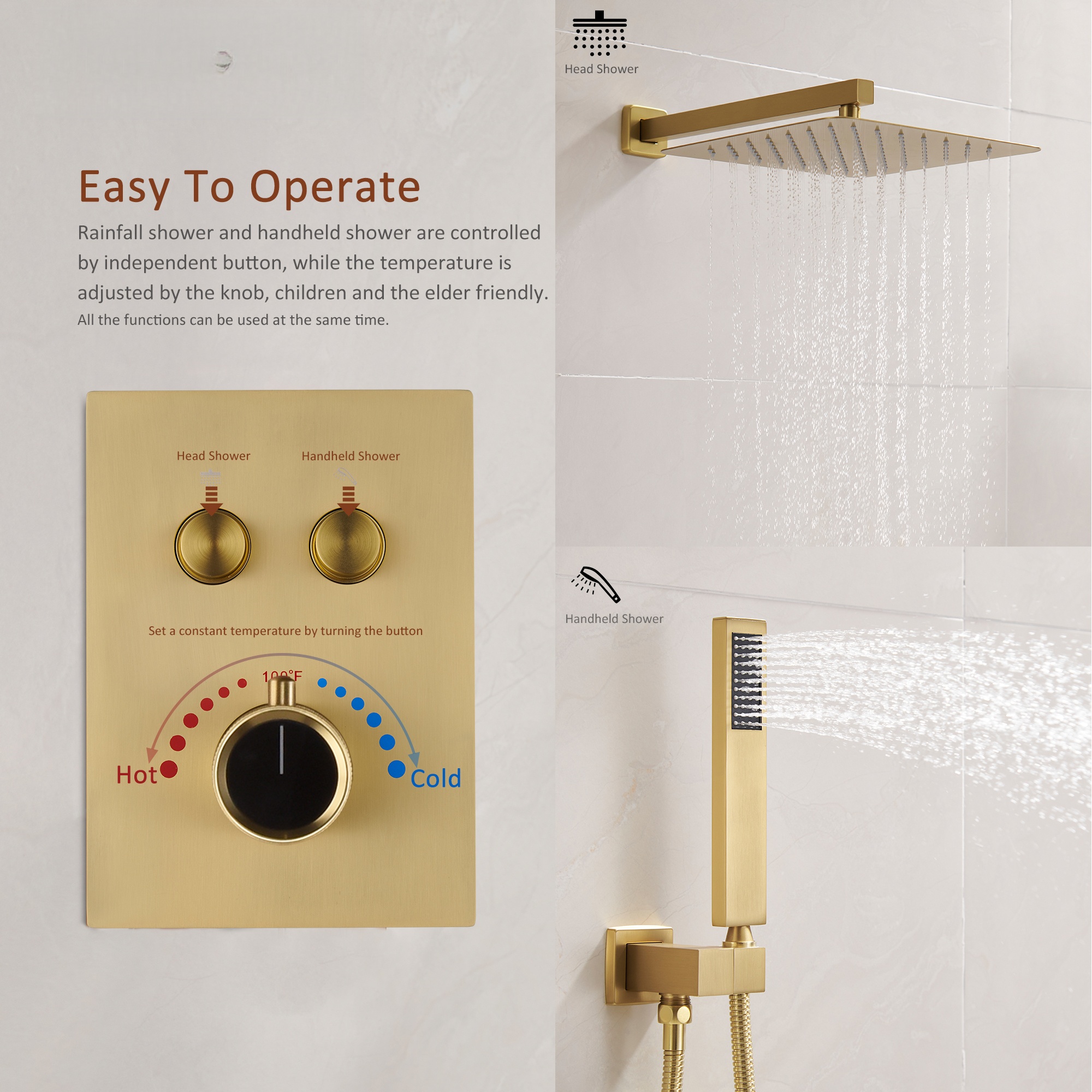 2 Functions Wall Mount Square Thermostatic Complete Shower System (Rough-In Valve Included)