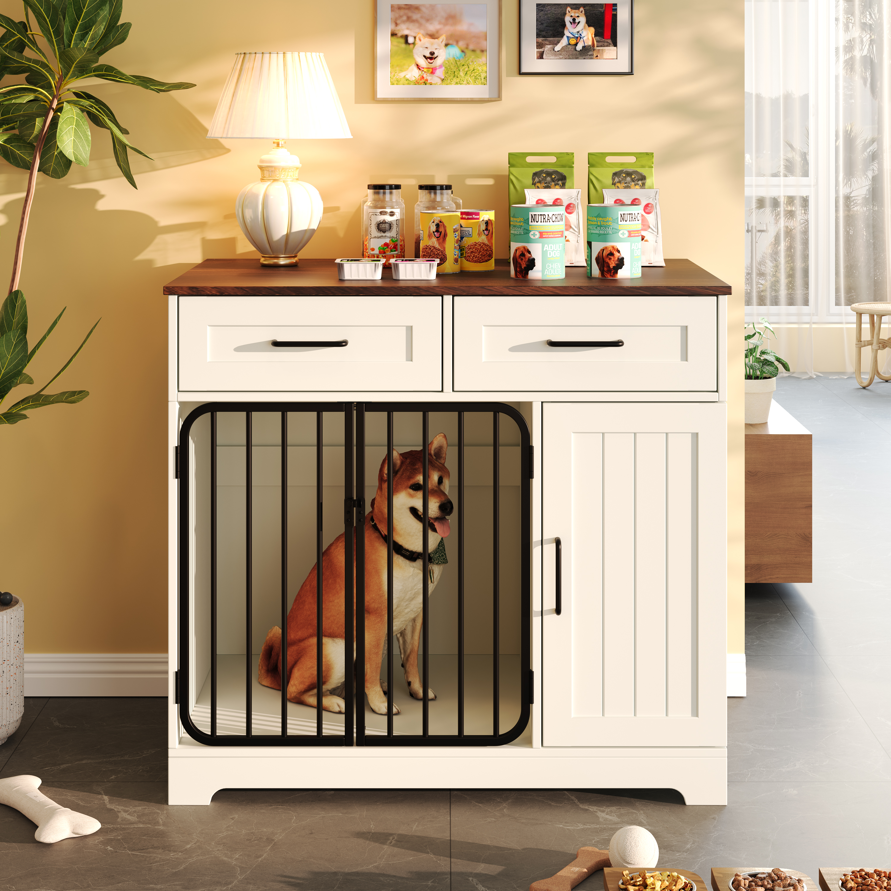 37.4" Dog Crate Furniture, Indoor Dog Kennel with 2 Drawers and Storage Cabinet, Modern Furniture Dog Crate Side End Table for Small Medium Dogs, White 