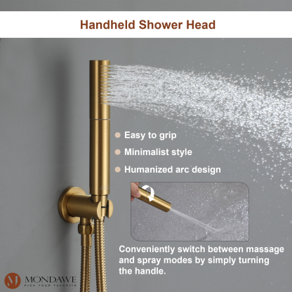 Mondawe Dual-Function Shower System Shower Faucet Set Complete Fixture with High Pressure 10" Rainfall Shower Head and Handheld Shower Head in Brush Gold