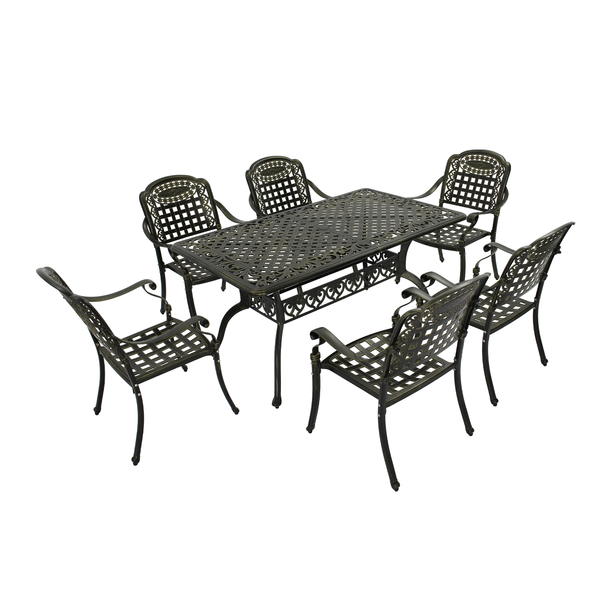 Mondawe Cast Aluminium Patio-Set 7-Piece Bronze Patio Dining Set Aluminum Rectangle Table with 6 Stationary Chairs