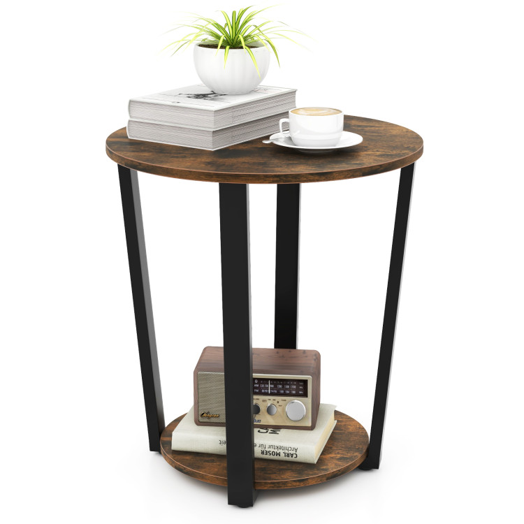2-Tier Round End Table with Storage Shelf and Metal Frame