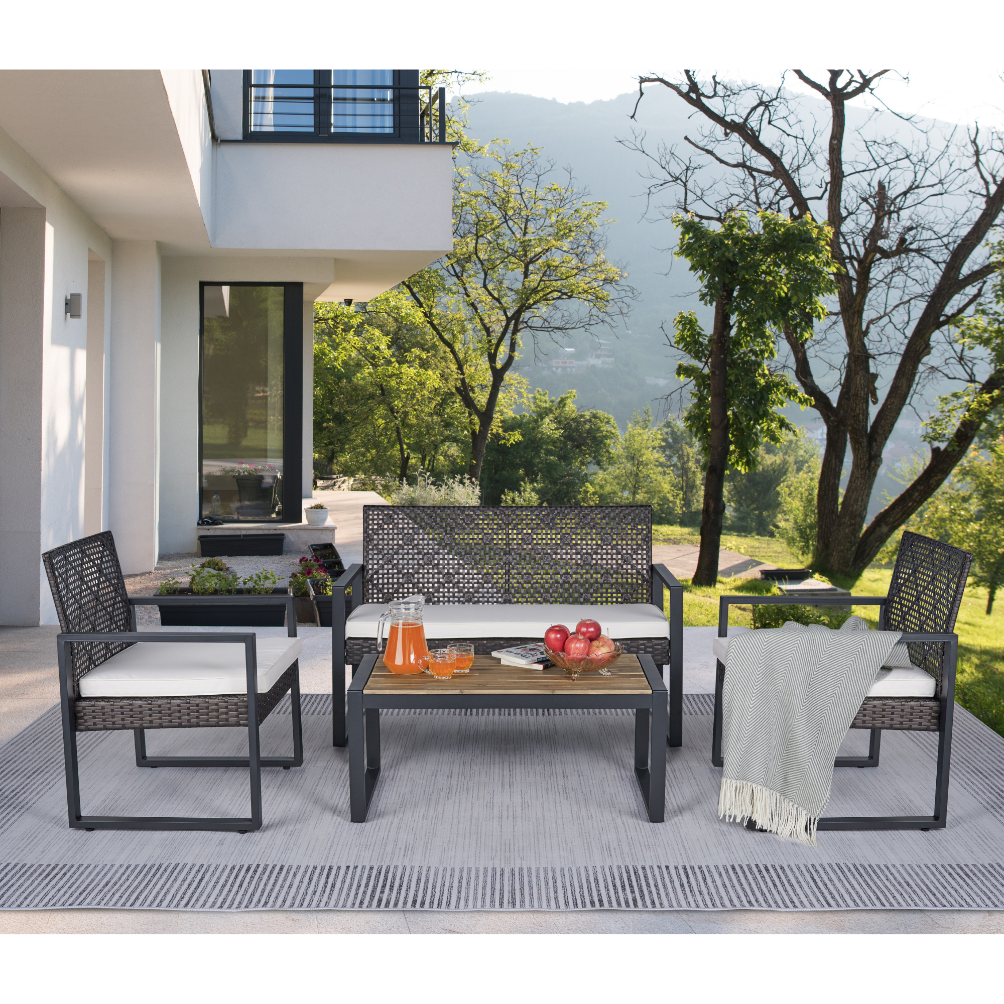 4-Piece Wicker Brown Outdoor Patio Conversation Set