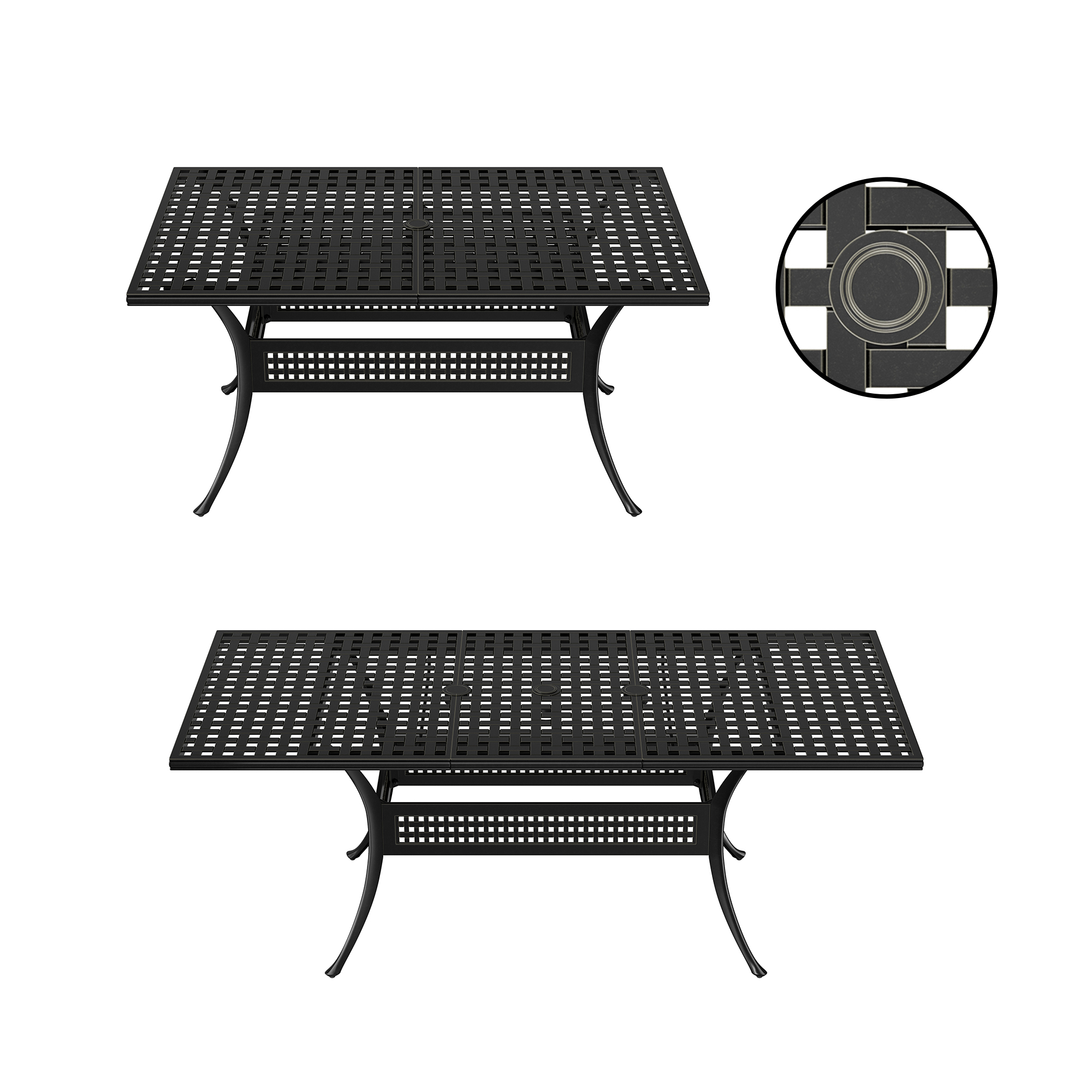 80in. L x 38in. W Outdoor Dining Table Sturdy Cast Aluminum Frame Rectangular Adjustable Length Vintage Patio Table with 2.1 Inch Umbrella Hole