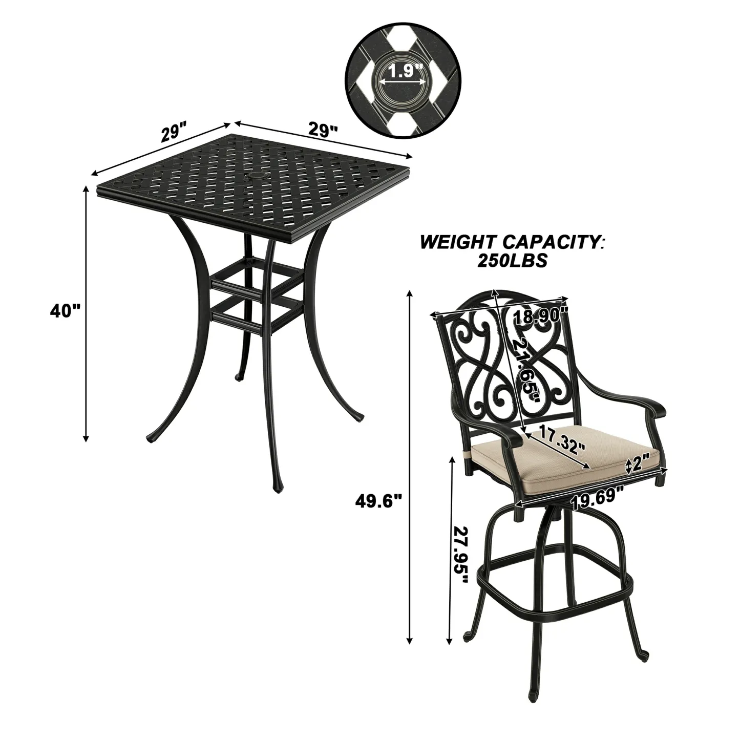 3-Piece Patio Bistro Set Cast Aluminum 2 High Bar Swivel Chairs with Cushion and 1 Square Table