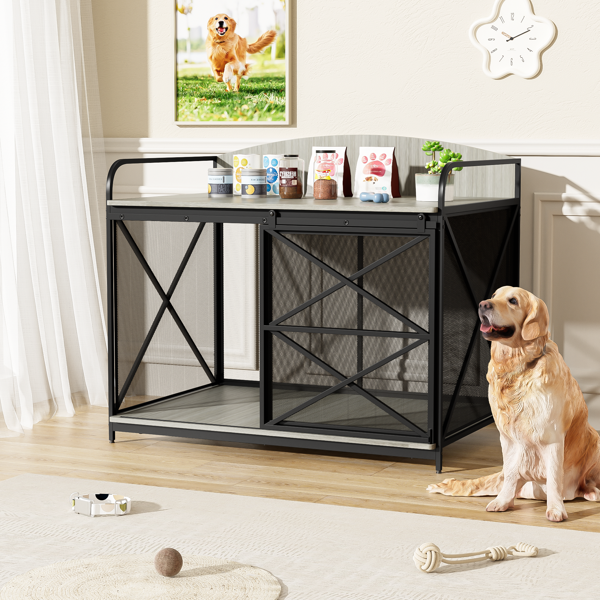 42.8" Heavy Duty Large Dog Crate Furniture for Large Medium Dog, Farmhouse Wooden Dog Kennel Indoor End Table, Decorative Pet House for Large Dogs, Gray/Brown