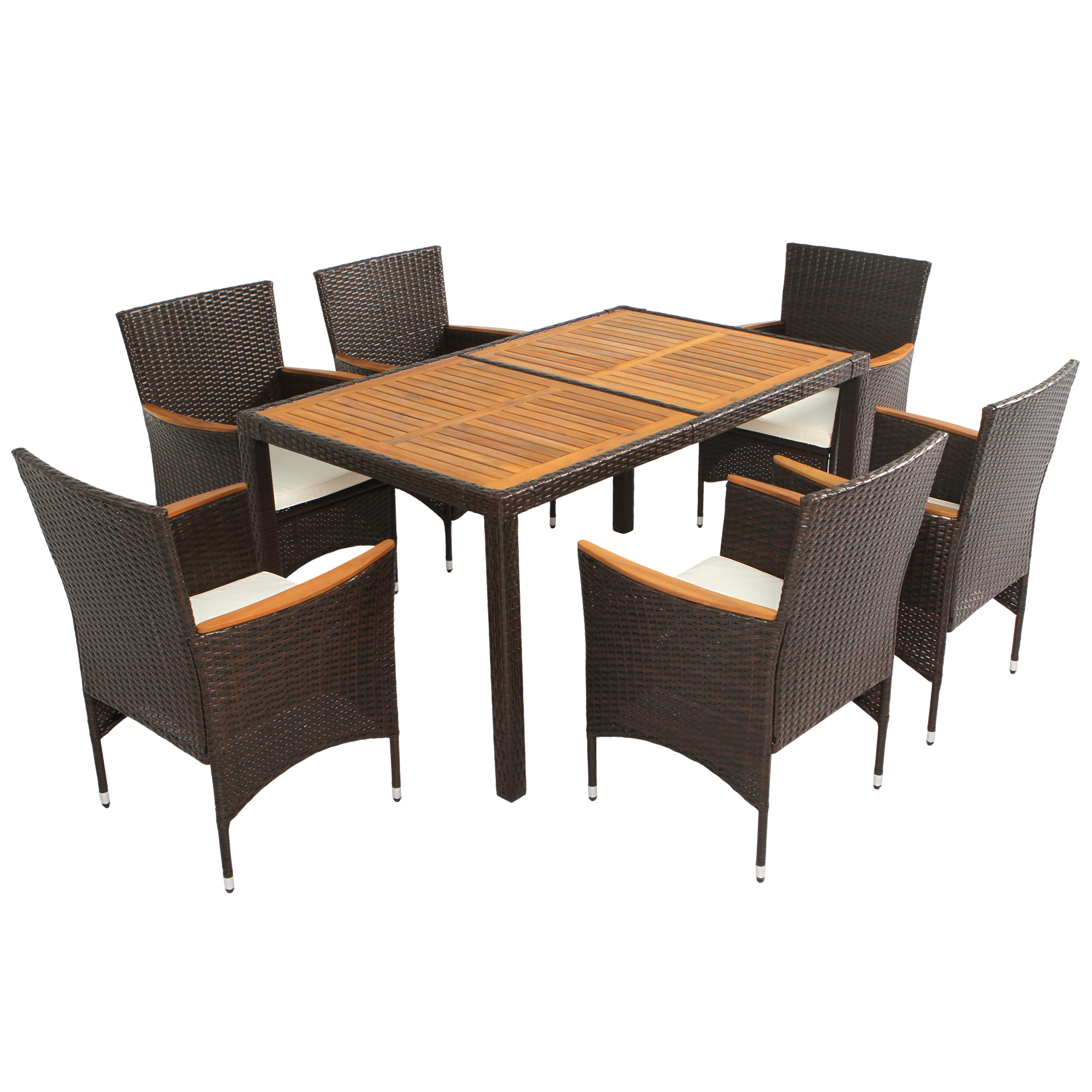 7-Piece Outdoor Patio Dining Set, Garden PE Rattan Wicker Dining Table and Chairs Set, Acacia Wood Tabletop, Stackable Armrest Chairs with Cushions, Brown 