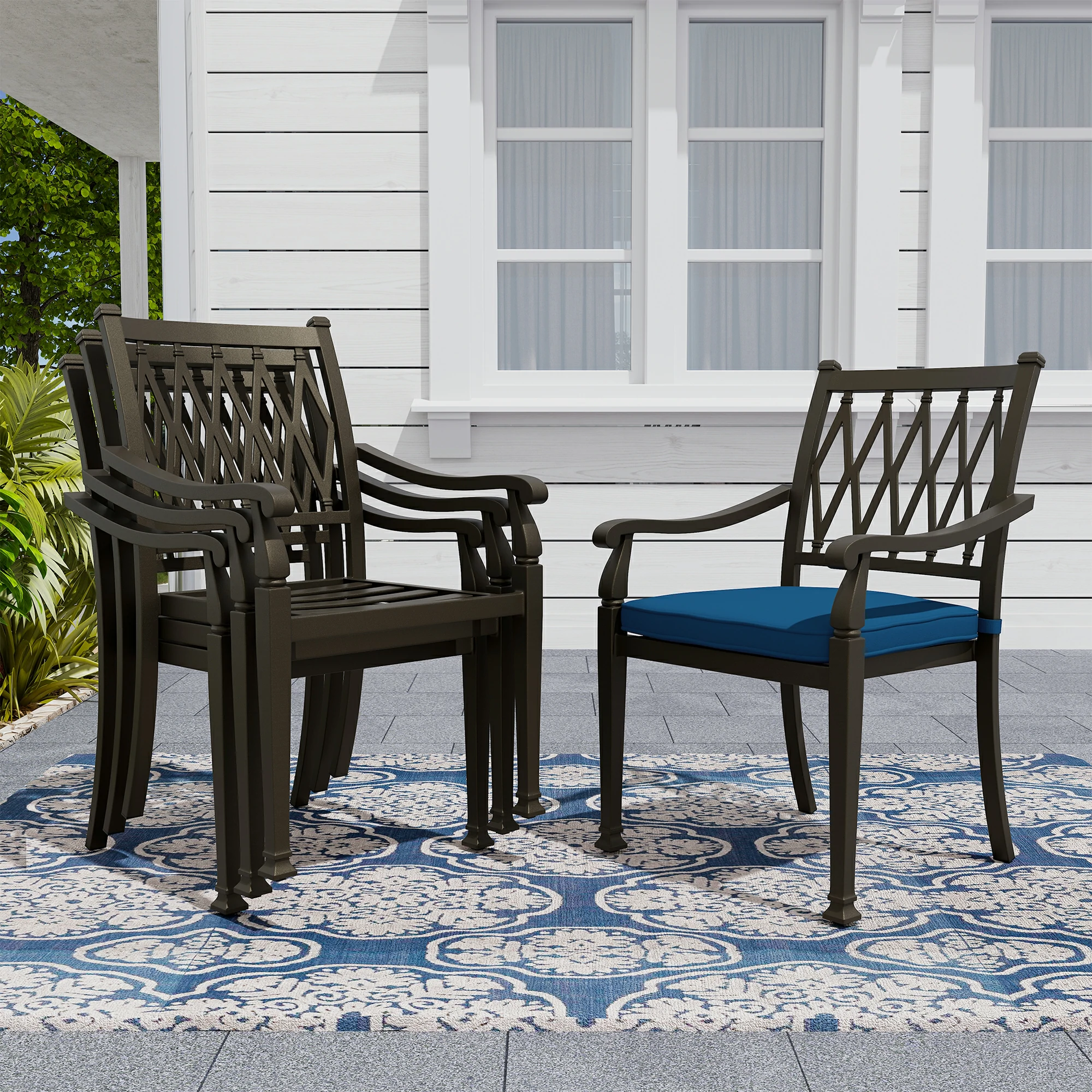 Set of 4 Outdoor Dining Chair Cast Aluminum Frame with Cushion Extra Wide Ergonomic Design Adjustable