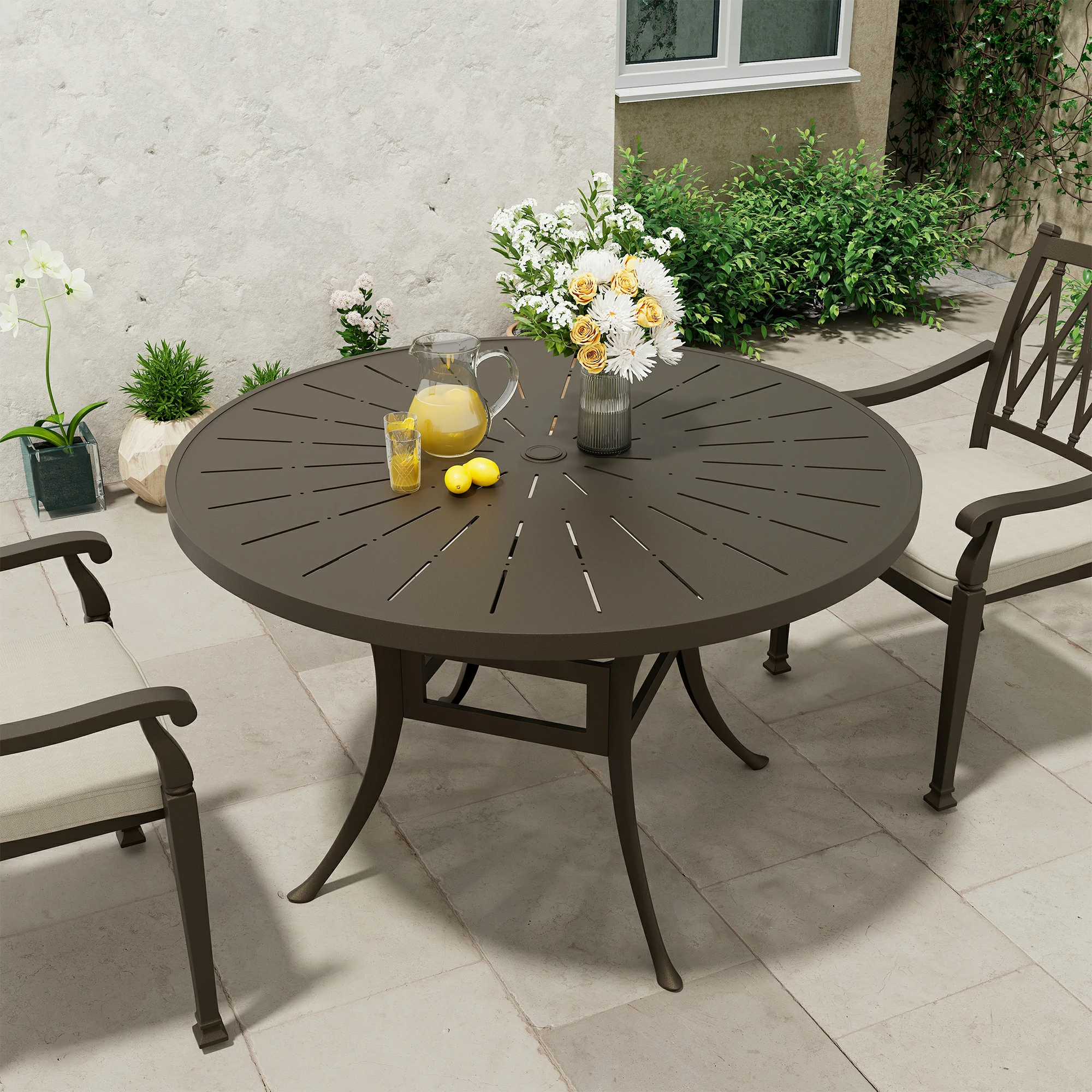 48 Inch Patio Dining Table with Umbrella Hole Cast Aluminum Frame Smooth Table Top Outdoor Table for Yard