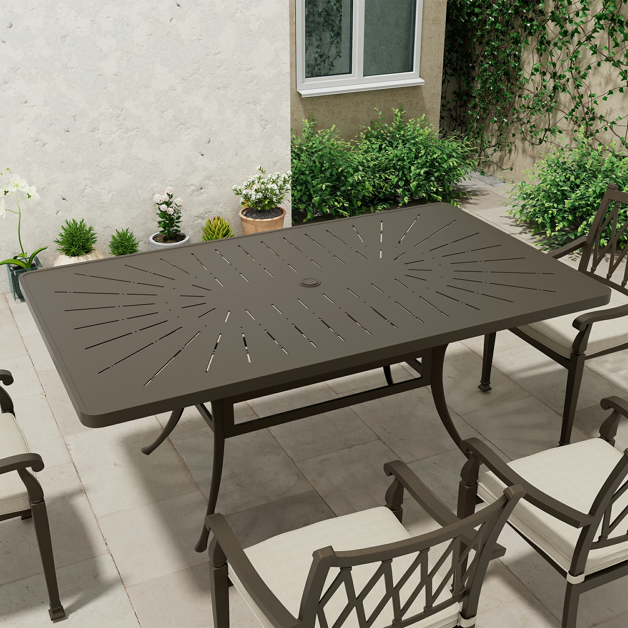 72 in. L x 42 in. W Cast Aluminum Rectangular Outdoor Dining Table with Umbrella Hole