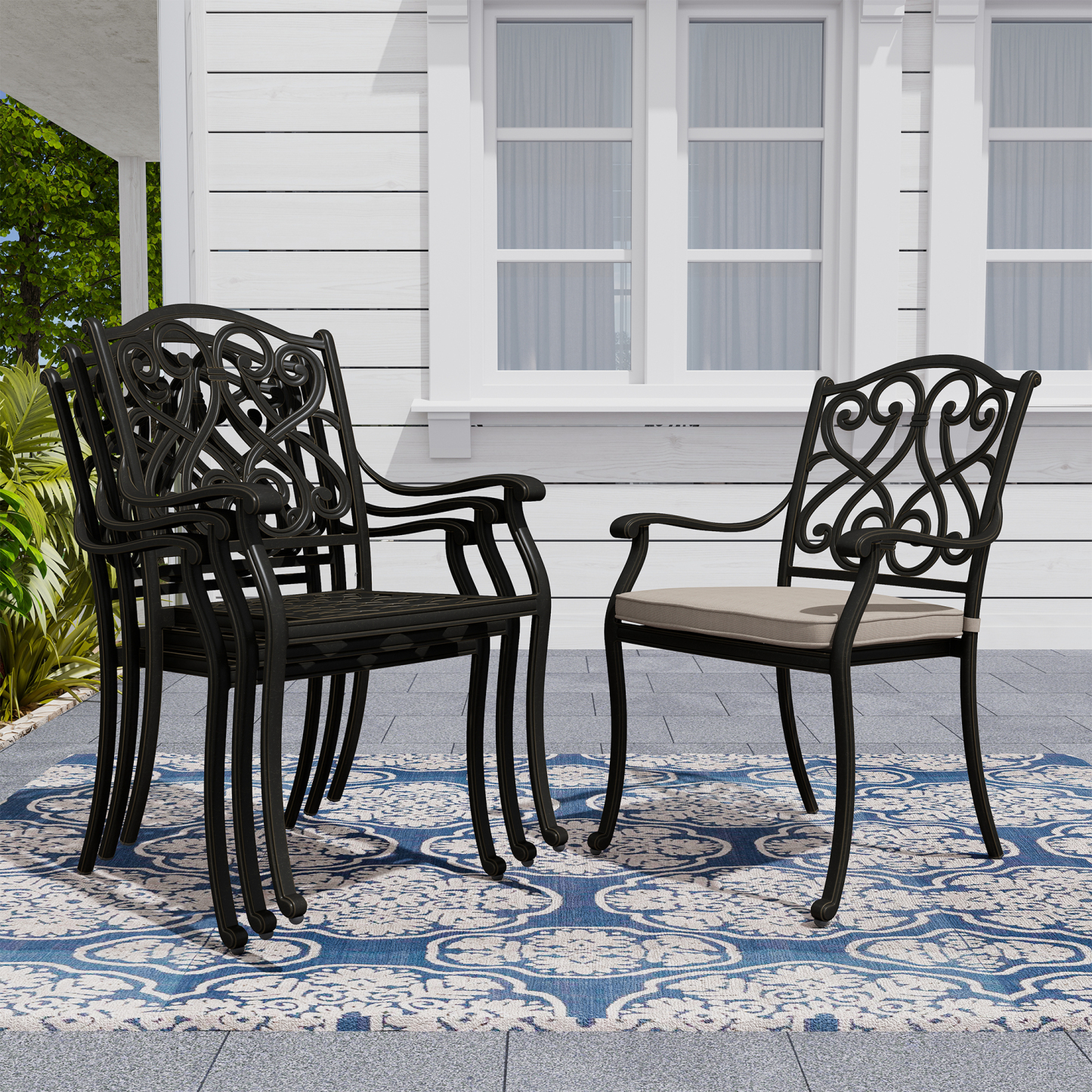 7-Piece Cast Aluminum Outdoor Dining Set with 1 Rectangle Extendable Table 4 Dining Chairs 2 Swivel Rockers with Cushion