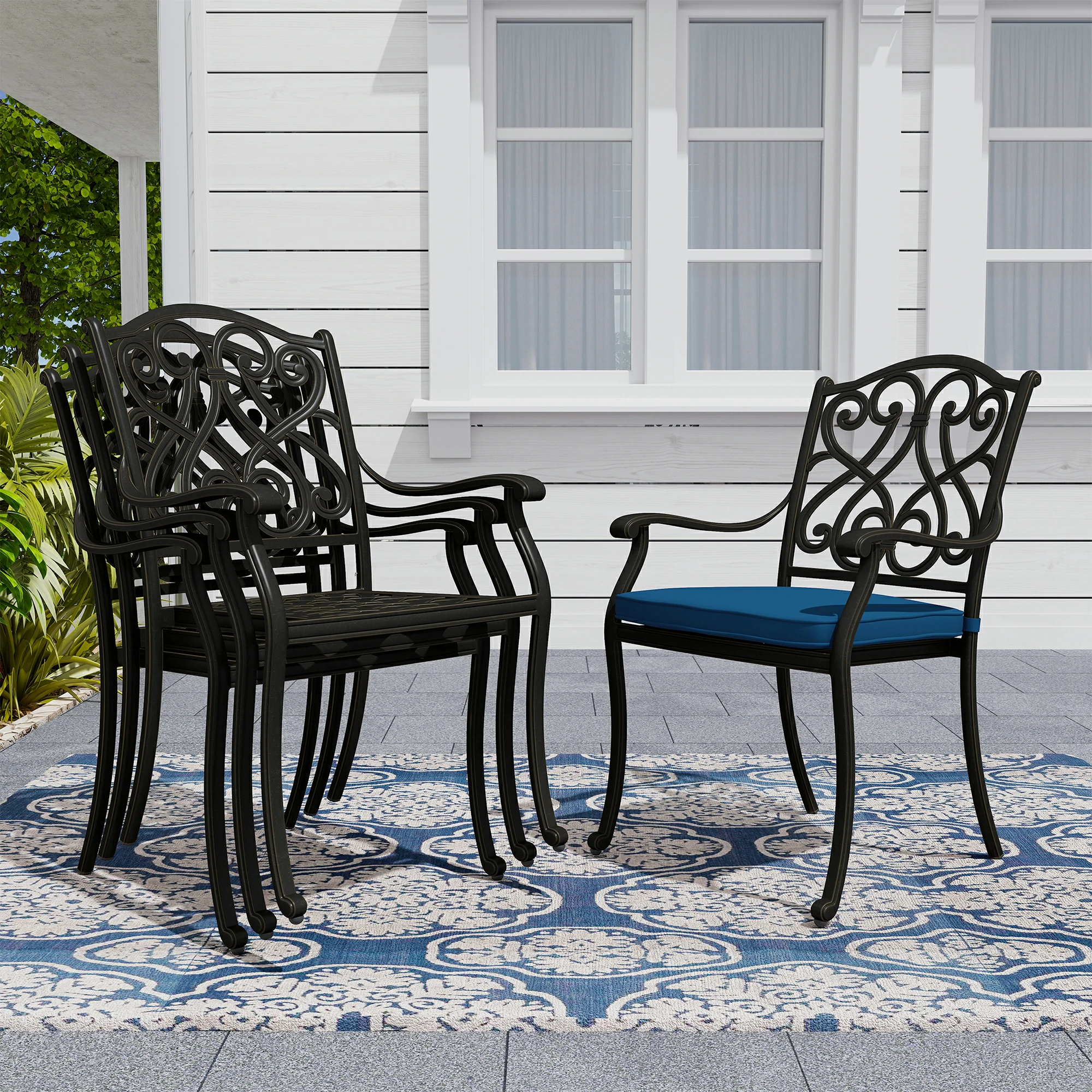 Cast Aluminum Chair Outdoor Dining Armchair with Cushion (Set of 4)