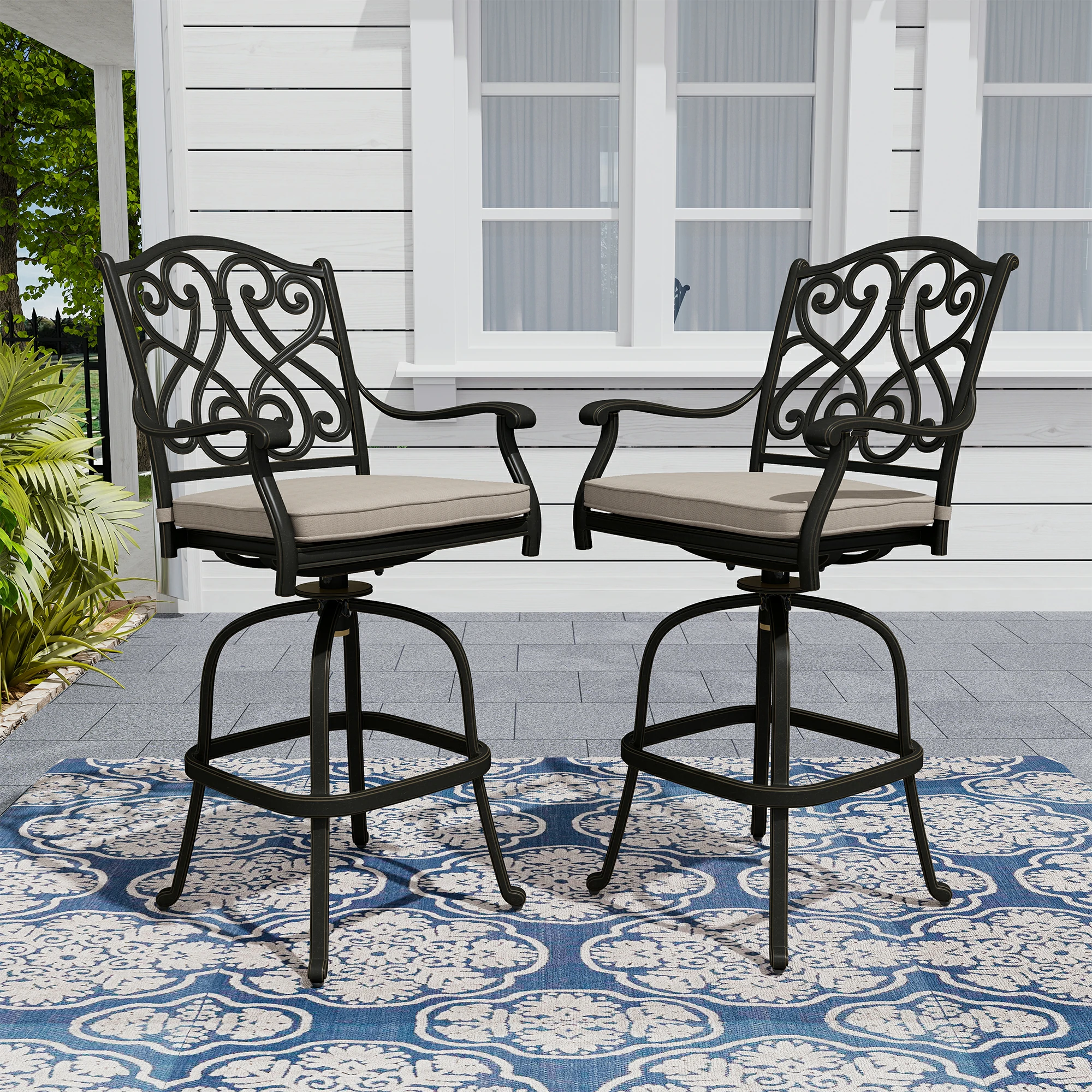 Set of 2 Patio Dining Chairs with Removable Olefin Cushion Cast Aluminum Frame 360° Swivel Bar Stool 