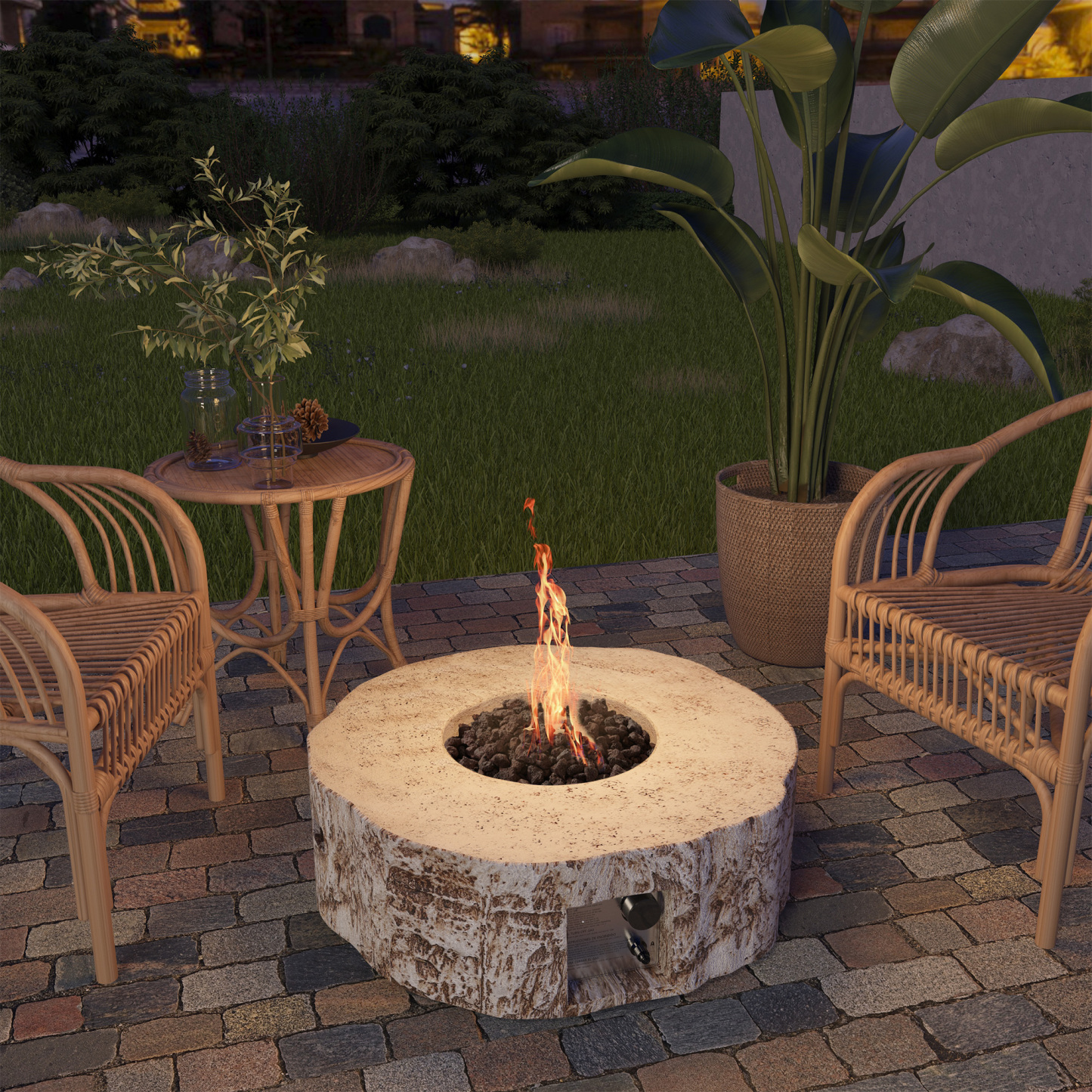 Mondawe Round Outdoor 28 Inch Gas Fire Pit Table Bowl Rustic Wood Effect