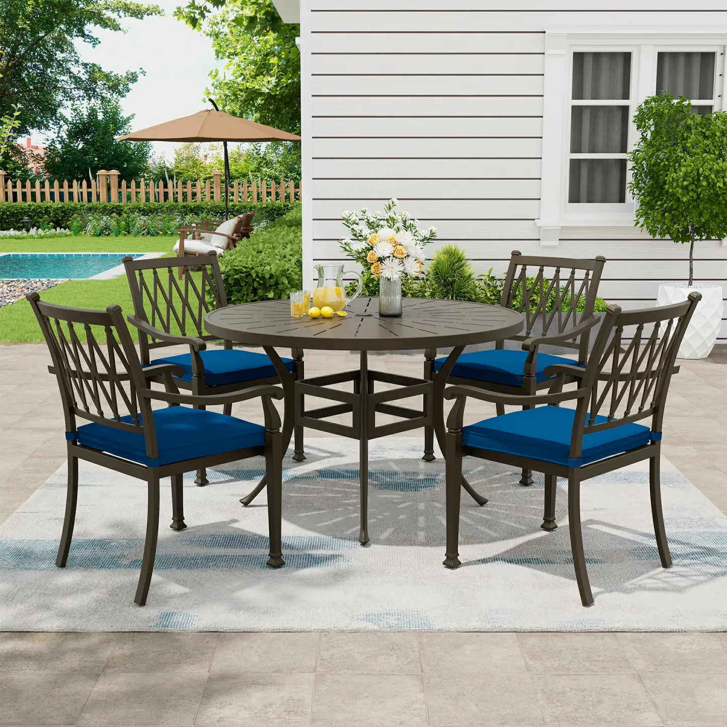 5 Pieces Cast Aluminum Outdoor Dining Set 4 Ergonomic Design Outdoor Chair with Cushions and 1 Round Table with 2.1 Inch Umbrella Hole