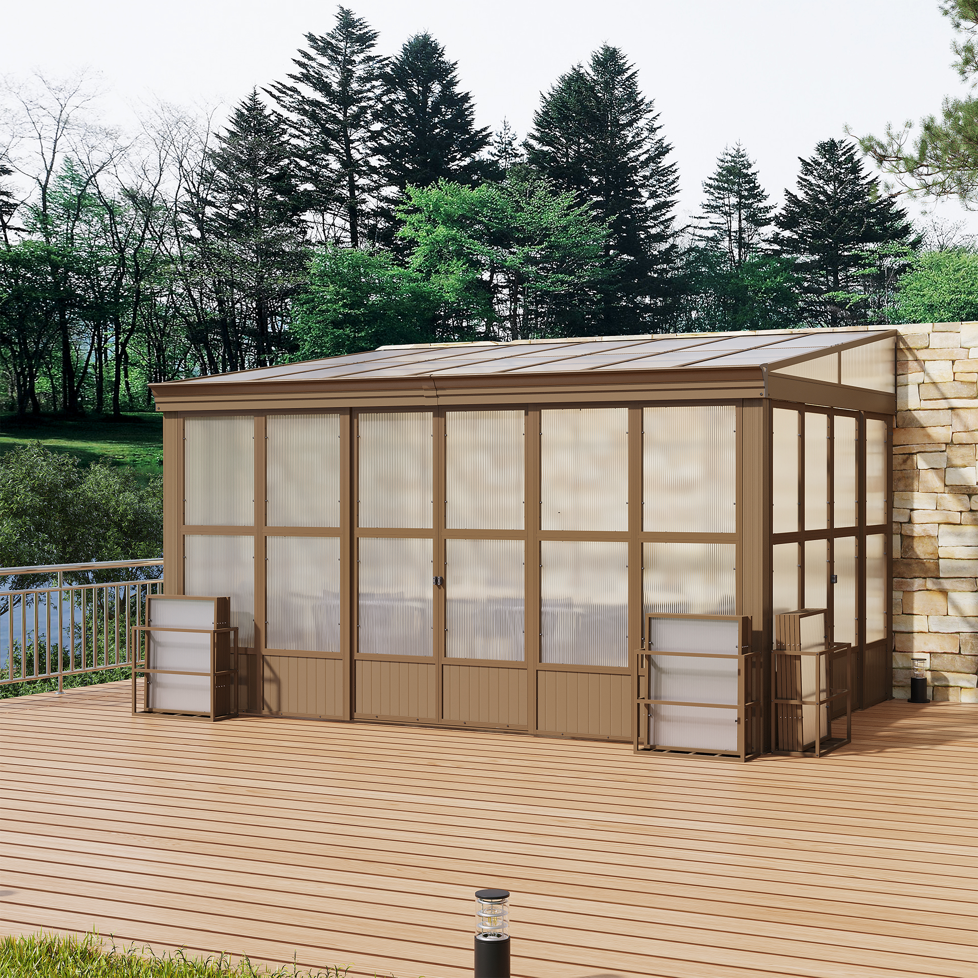 Lean-to Sunroom 10x14FT, Wall Mounted Solarium with Sloping Polycarbonate Roof, Detachable Polycarbonate Screens, 2 Lockable Sliding Doors, Aluminum Gazebo Against Wall Sun Room for Patio Deck