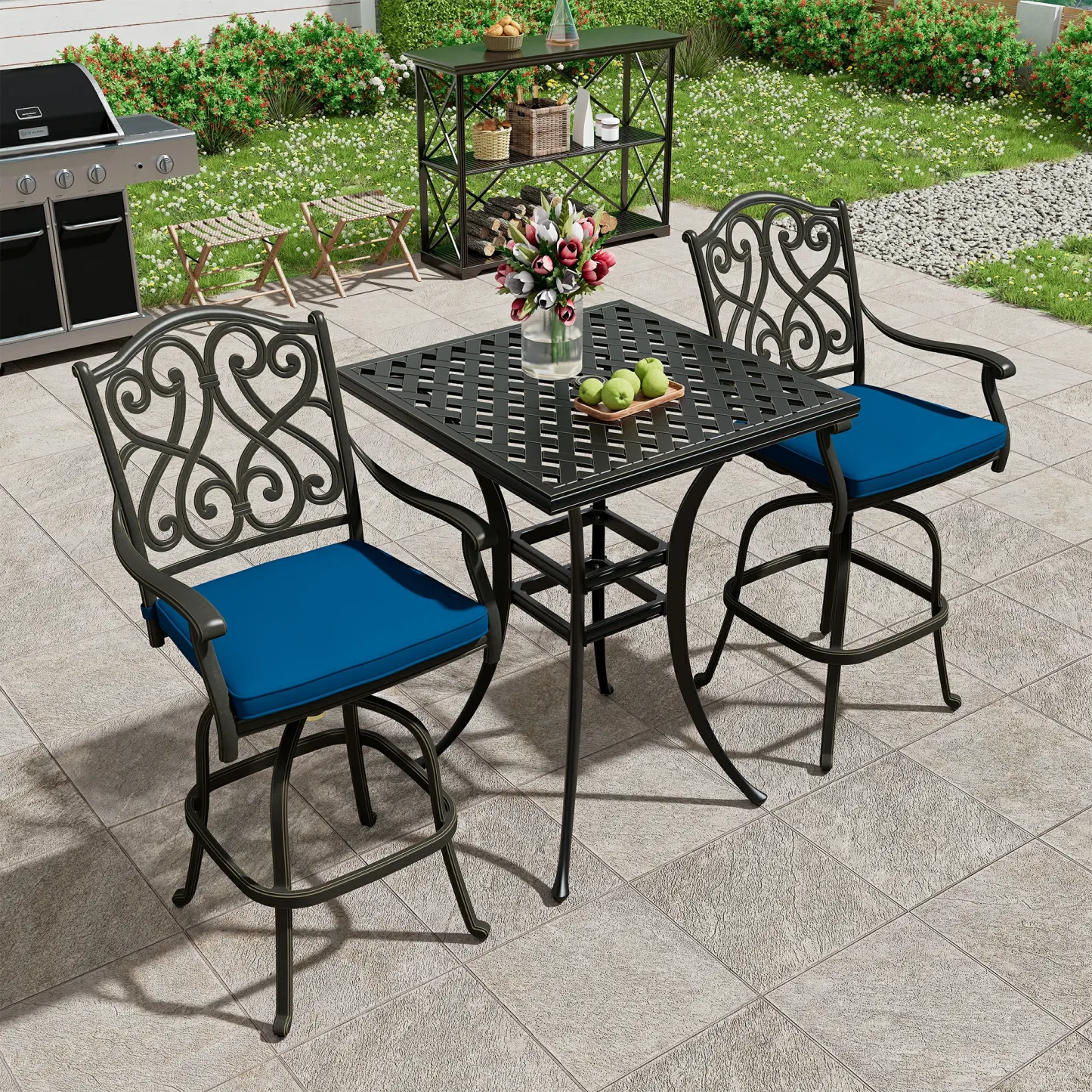 3-Piece Patio Bistro Set Cast Aluminum 2 High Bar Swivel Chairs with Cushion and 1 Square Table
