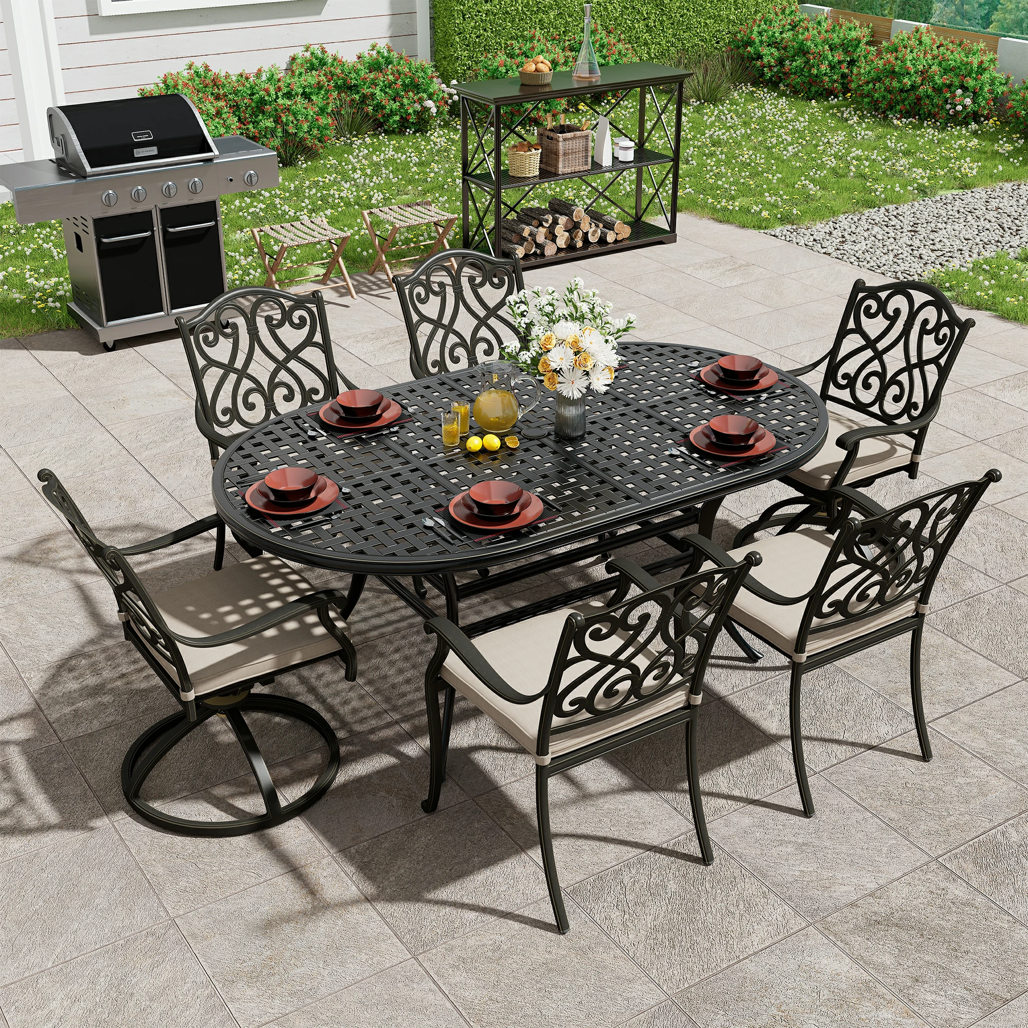 7-Piece Outdoor Dining Set Cast Aluminum with 1 Elliptical Table 4 Dining Chairs 2 Swivel Rockers with Cushions (Seat 6)