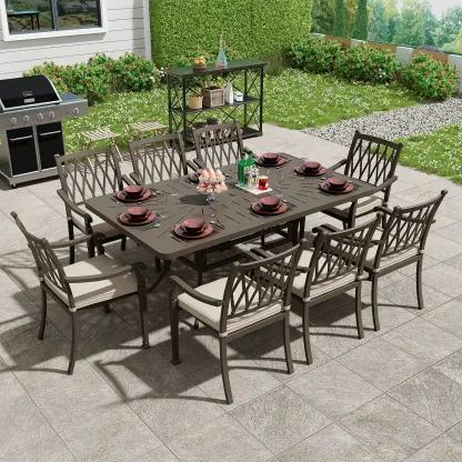 9-Piece Cast Aluminum Patio Dining Set 1 Rectangle Retro Table and 8 Dining Chairs with Beige Cushion