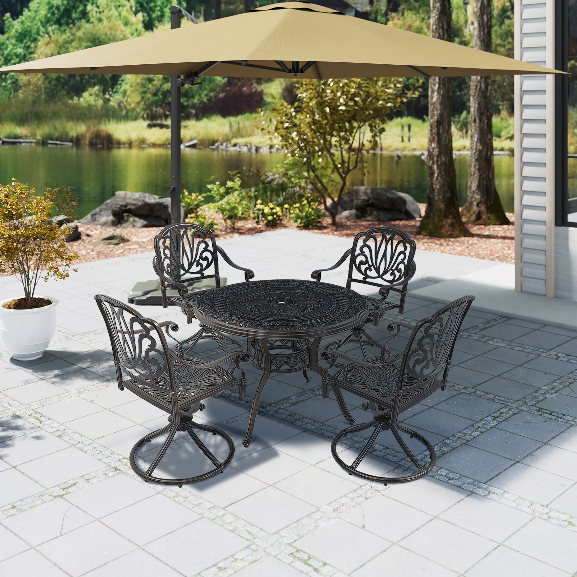 Cast Aluminum Patio Outdoor Table Set With Umbrella Hole Piece