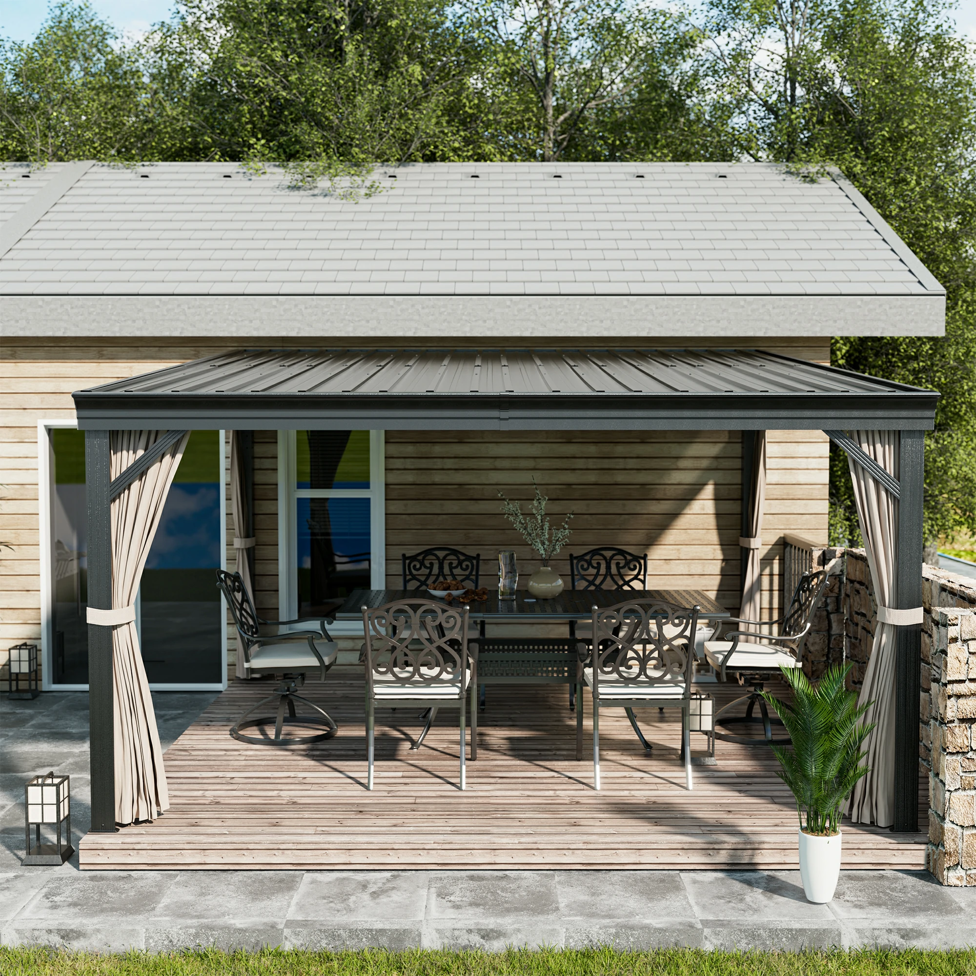 Outdoor Wall-Mounted Hardtop Gazebo Aluminum Frame Galvanized Steel Roof Sunroom with Curtains and Netting