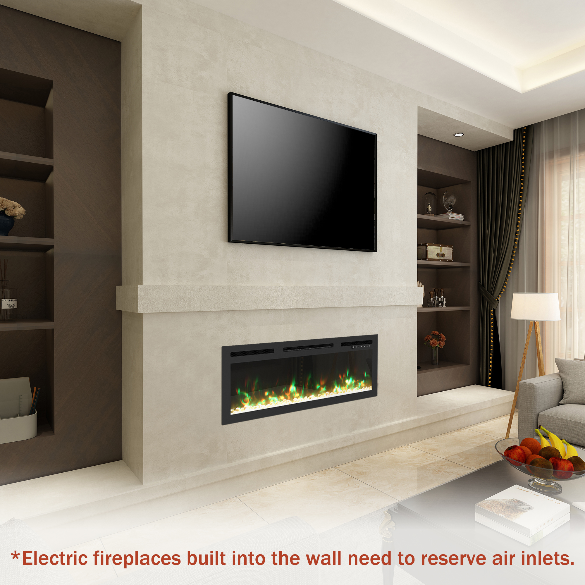36 Inch Recessed Electric Fireplace Heater and Linear 1500W Adjustable 11 Flame