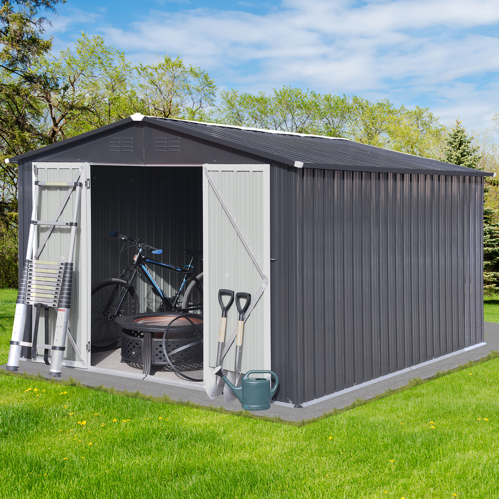 Metal garden sheds 10ft×12ft outdoor storage sheds Dark-grey/White+Coffee/Grey