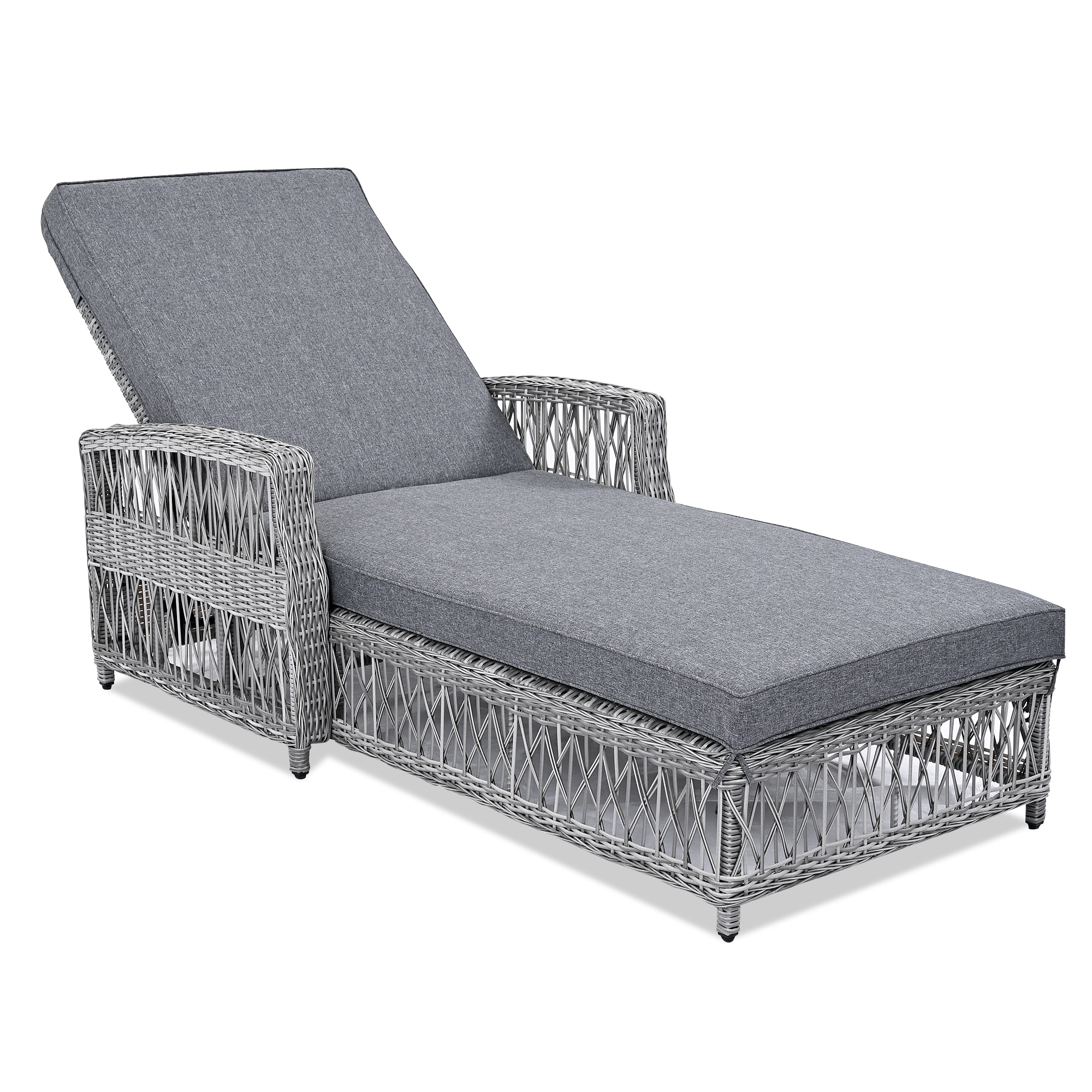 2 Pieces Long Reclining Chaise, Outdoor Wicker Lounge with Armrests, Patio Adjustable Recliner with Soft Removable Cushions, All Weather Rattan Pool Lounge for Poolside & Garden, Grey/Beige