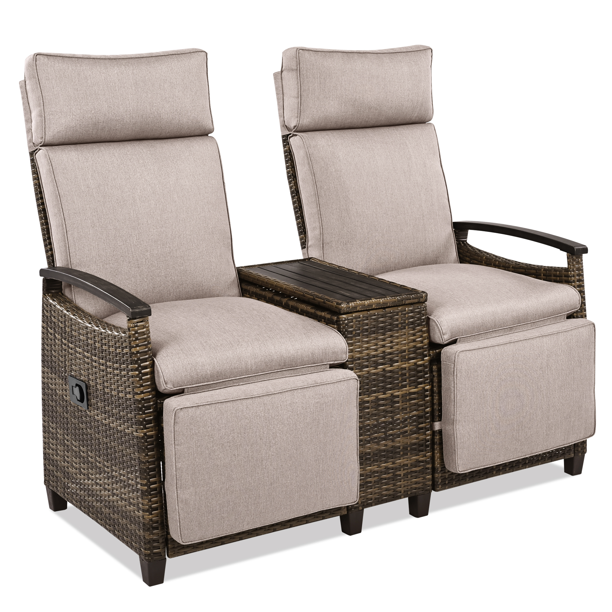 Patio Recliner Loveseat Chair, Adjustable Backrest Wicker Outdoor Lounge Chair Set with Acacia Wood Armrests and Built-in Storage Table for Balcony, Porch, Lawn, Brown/Gray 