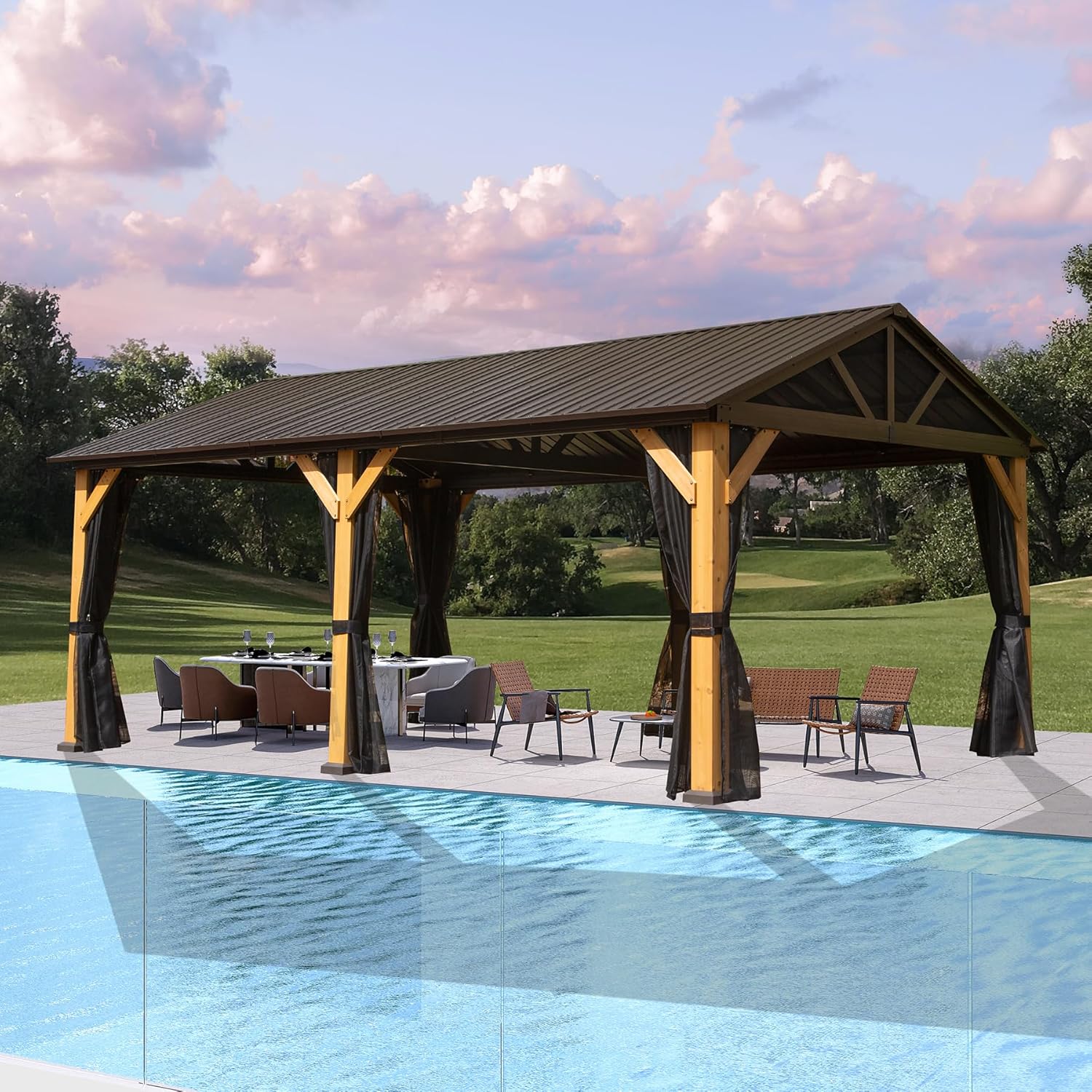 Outdoor Aluminum Hardtop Gazebo Wood Looking Frame Galvanized Steel Gable Tent for Patio Decks Backyard