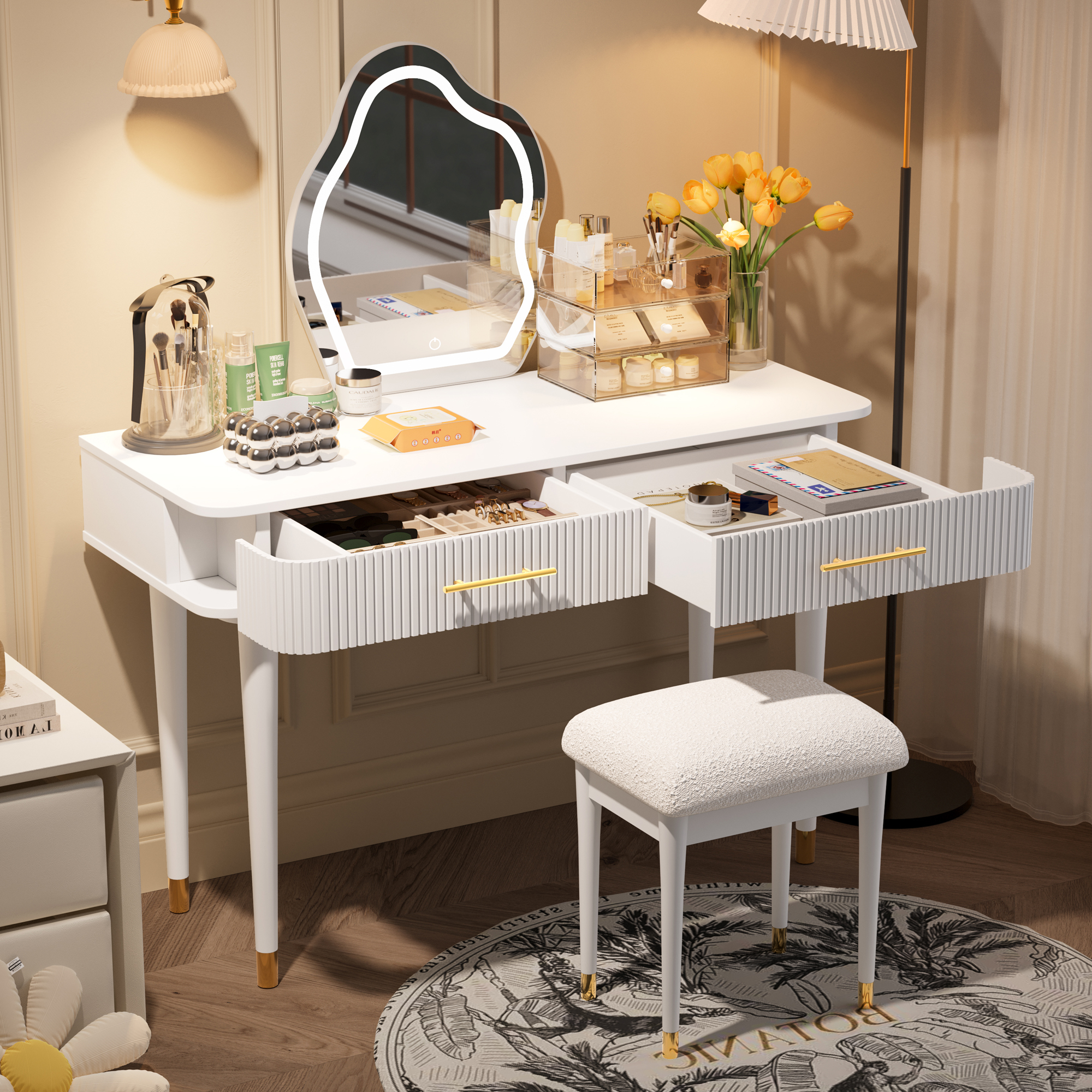 40" Modern Vanity Table Set with Mirror Touch Screen Lighted Mirror, Dressing Table and Cushioned Stool Set with 2 Large Drawers, White 