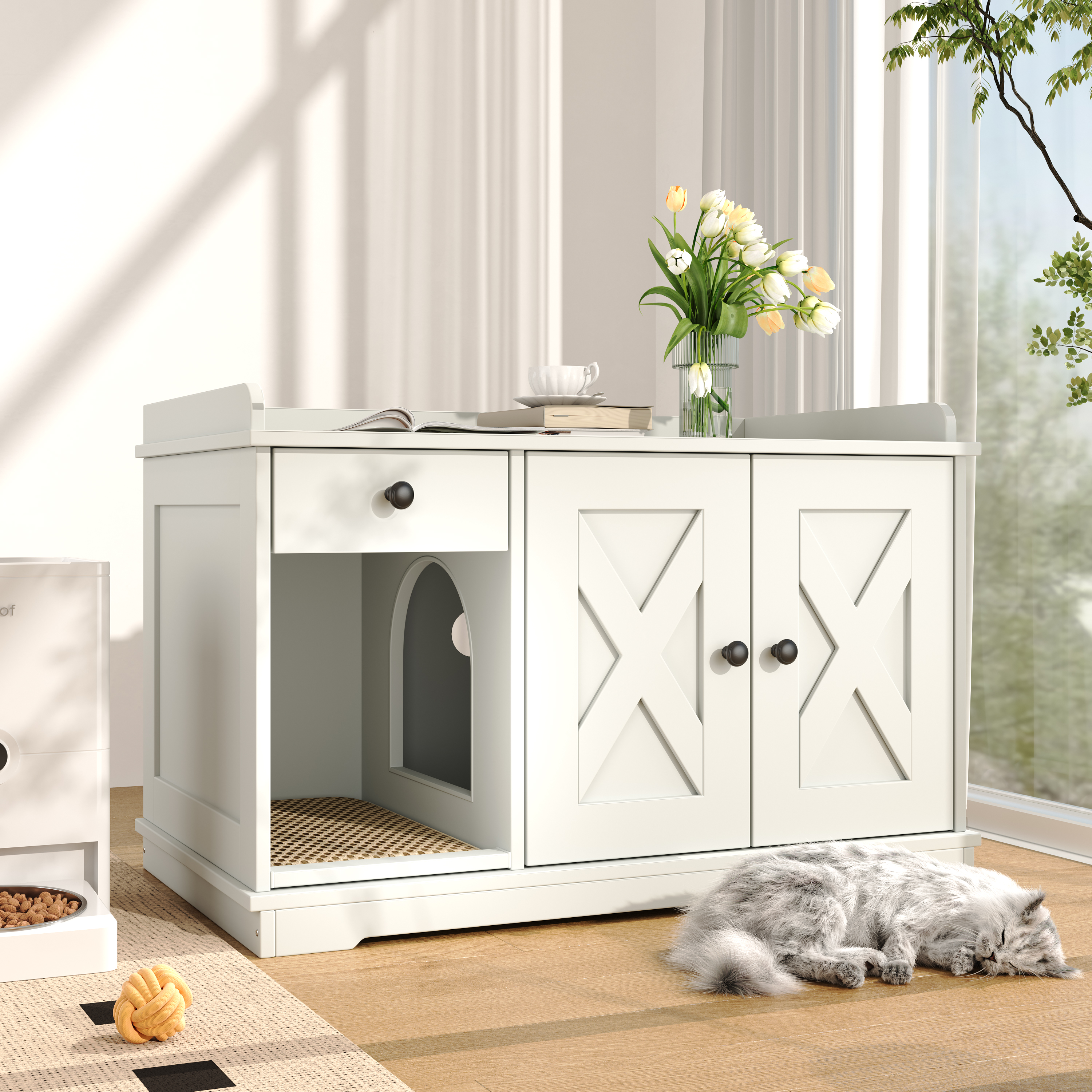  Cat Litter Box Enclosure, Litter Box Furniture Hidden with Cat Litter Mat, Indoor Cat House with Storage Drawer Side Table, Farmhouse Style Cat Box Cabinet for Living Room, White 