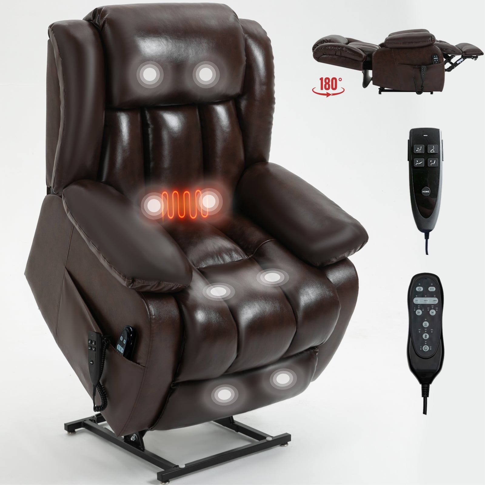 Dual Motor Infinite Position Up to 350 LBS Electric Medium size Genuine Leather/Faux Leather Brown/Black Power Lift Recliner Chair with 8-Point Vibration Massage and Lumbar Heating