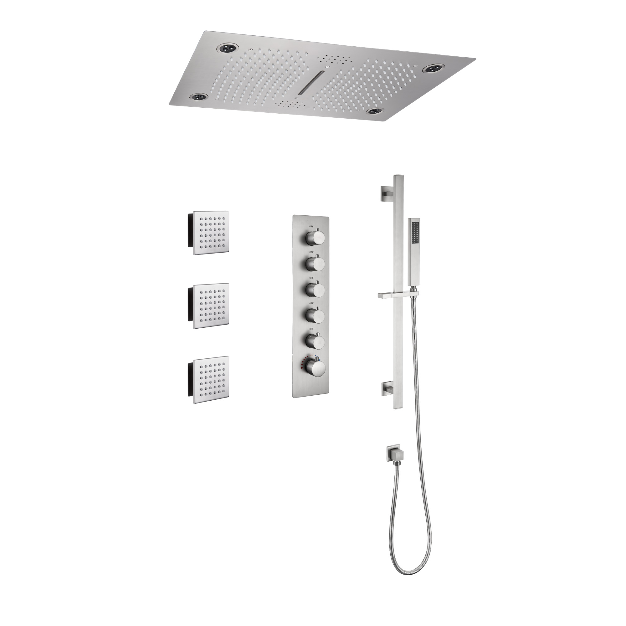 5 Functions Flush-Mounted Luxury LED and Music Thermostatic Complete Shower System with Body Jets and Slide Bar (Rough-in Valve Included)