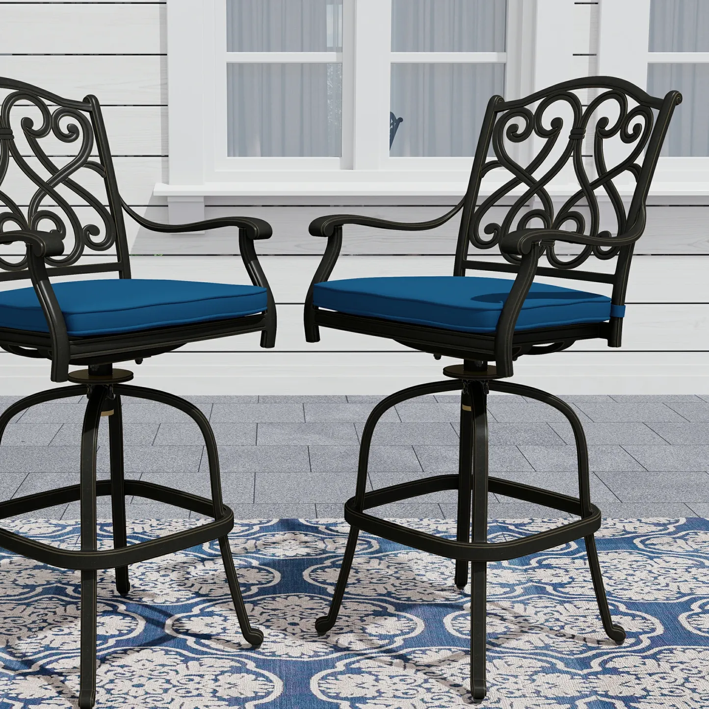 Set of 2 Patio Dining Chairs with Removable Olefin Cushion Cast Aluminum Frame 360° Swivel Bar Stool 