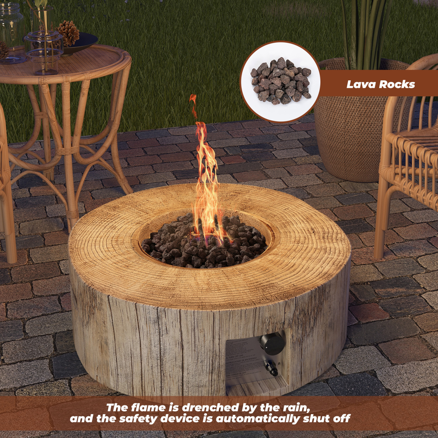 Mondawe Round Outdoor 28 Inch Gas Fire Pit Table Bowl Rustic Wood Effect