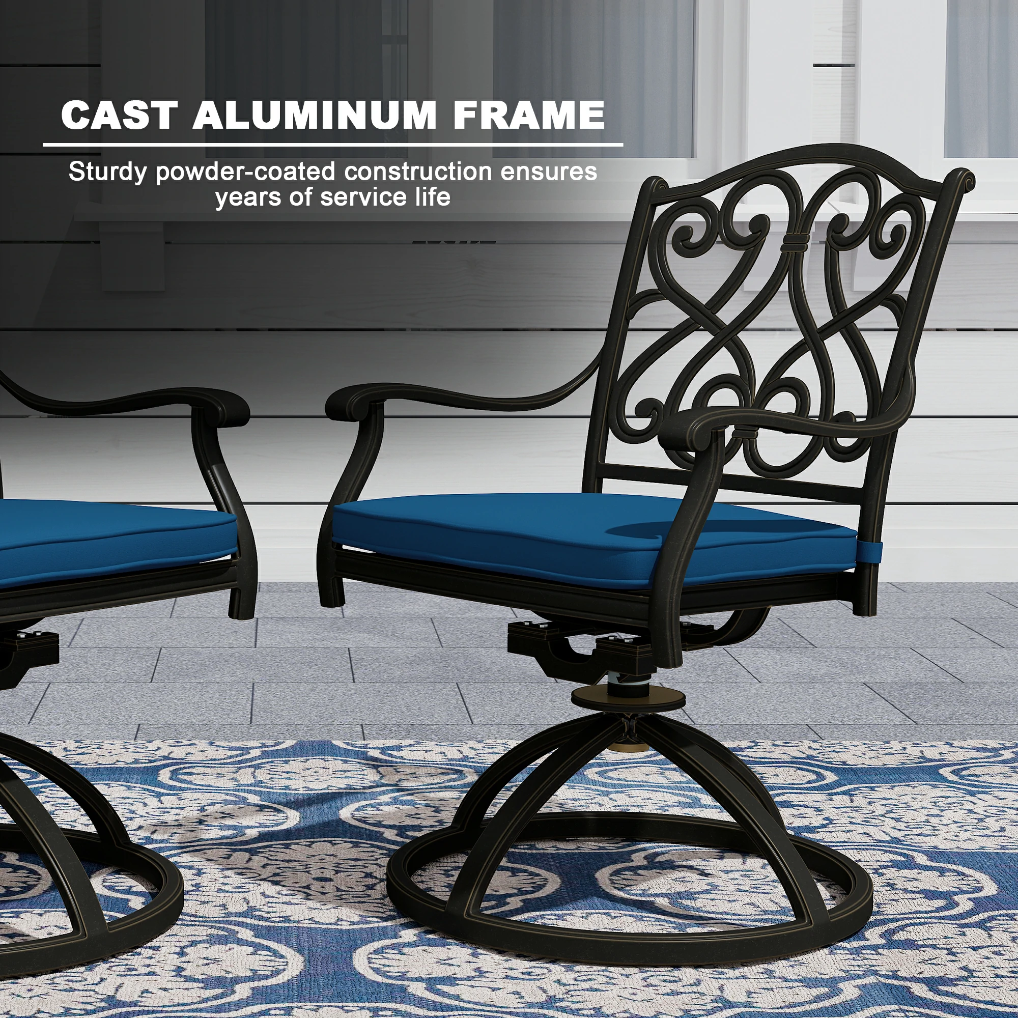 4-Piece Cast Aluminum Patio Dining Chair Set with Thick Olefin Cushions and 360° Swivel Rockers