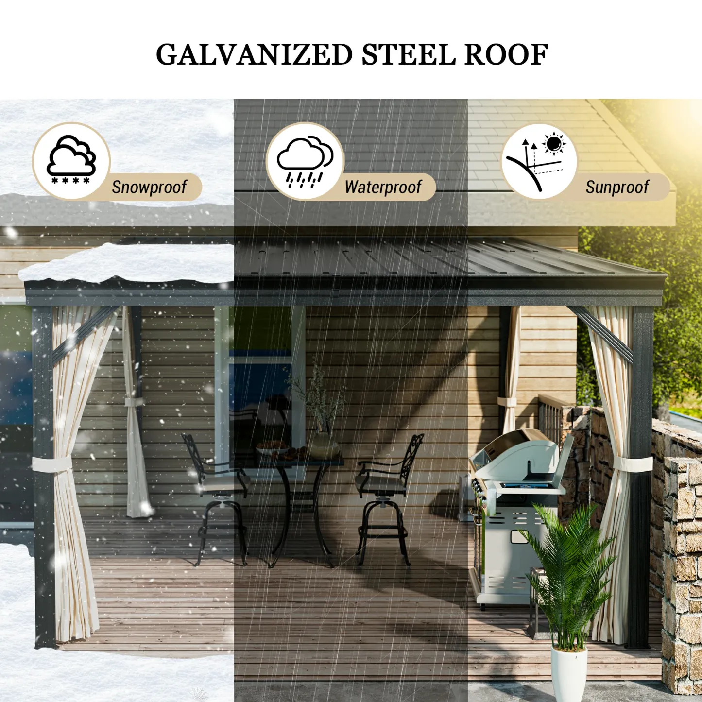 Outdoor Wall-Mounted Hardtop Gazebo Aluminum Frame Galvanized Steel Roof Sunroom with Curtains and Netting