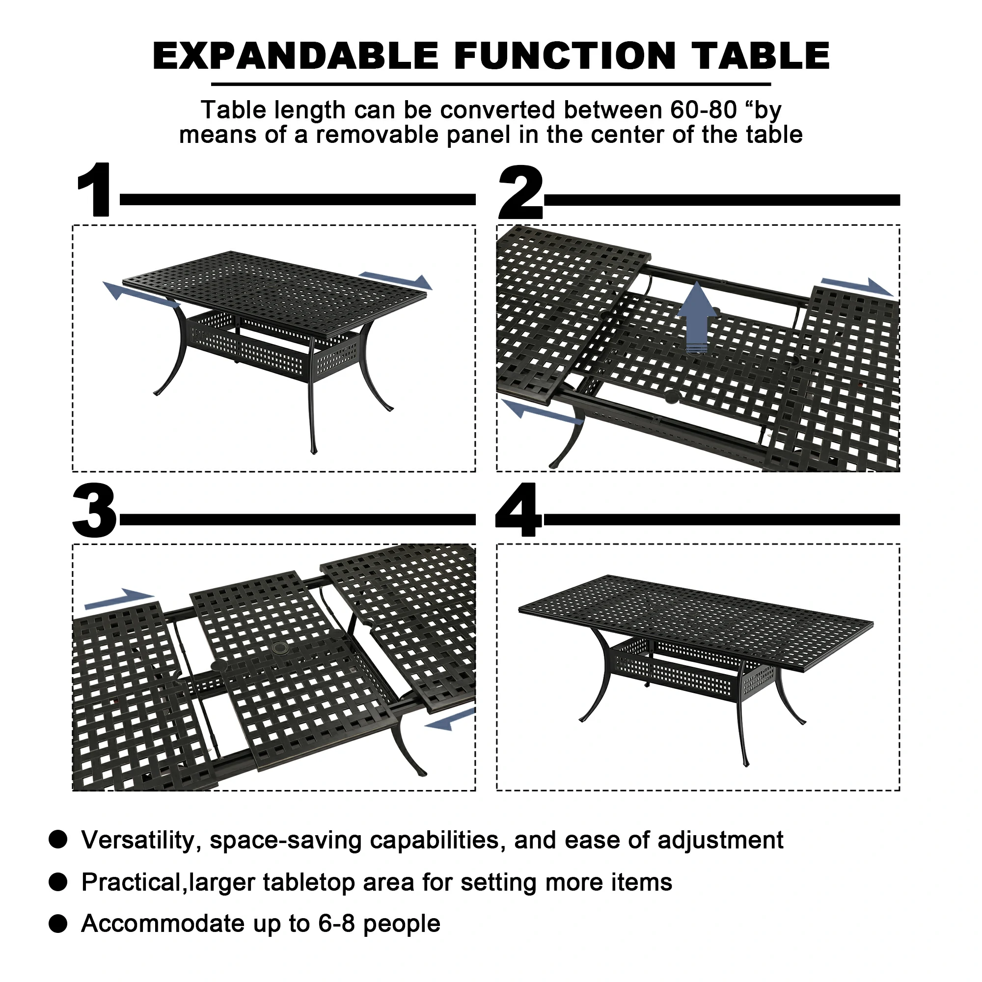 80in. L x 38in. W Outdoor Dining Table Sturdy Cast Aluminum Frame Rectangular Adjustable Length Vintage Patio Table with 2.1 Inch Umbrella Hole