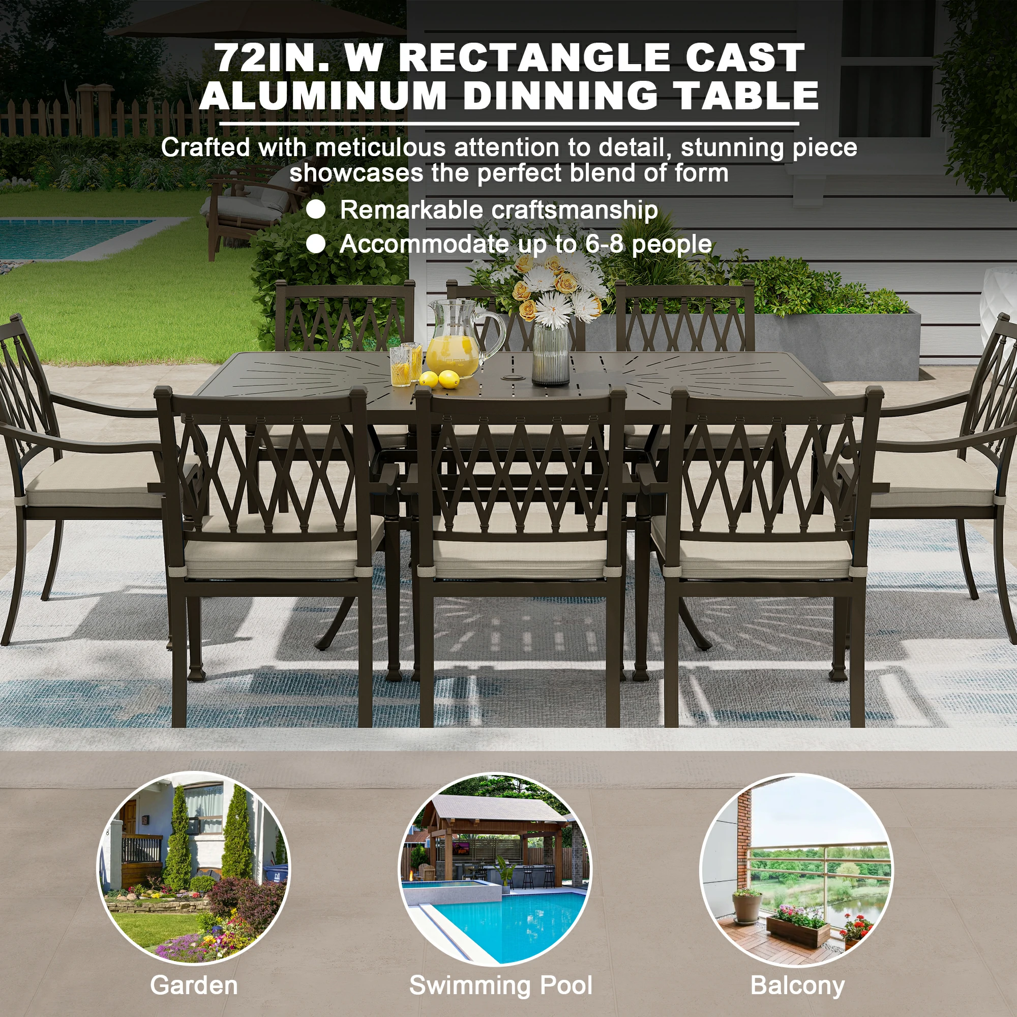 72 in. L x 42 in. W Cast Aluminum Rectangular Outdoor Dining