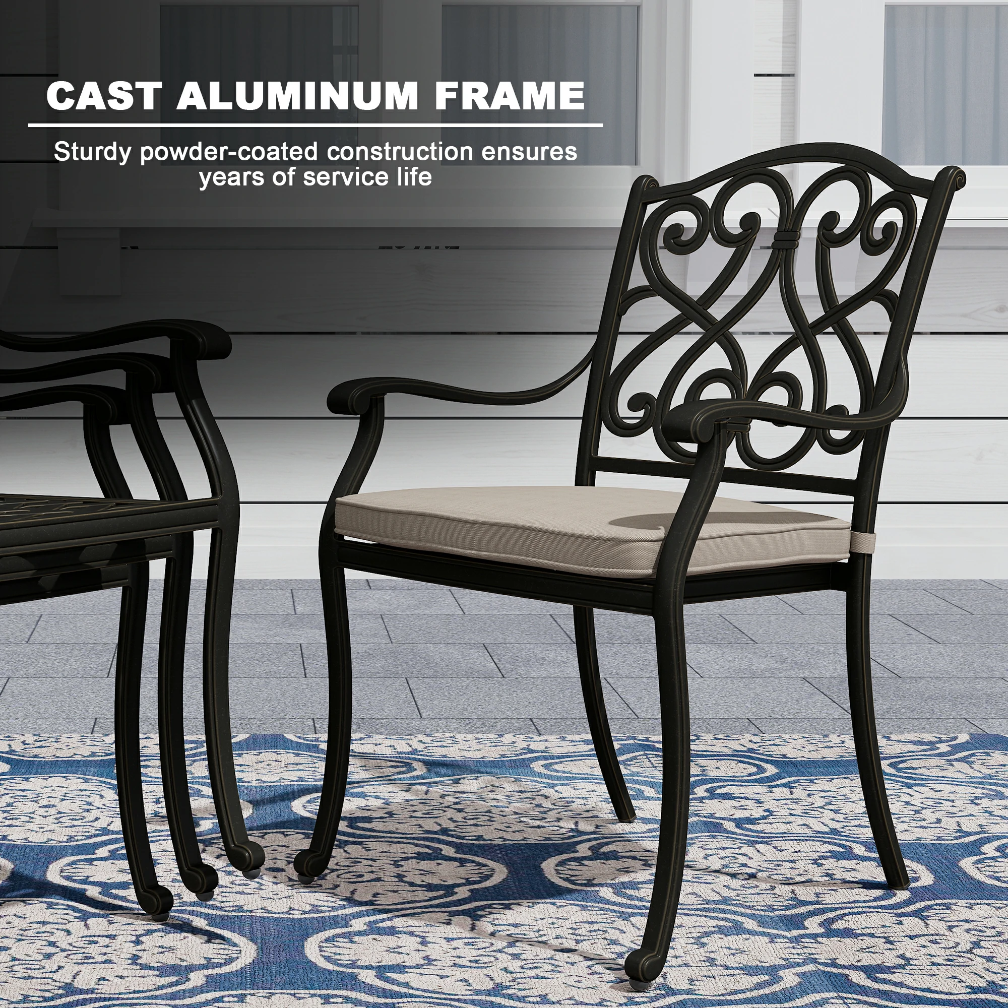 Cast Aluminum Chair Outdoor Dining Armchair with Cushion (Set of 4)